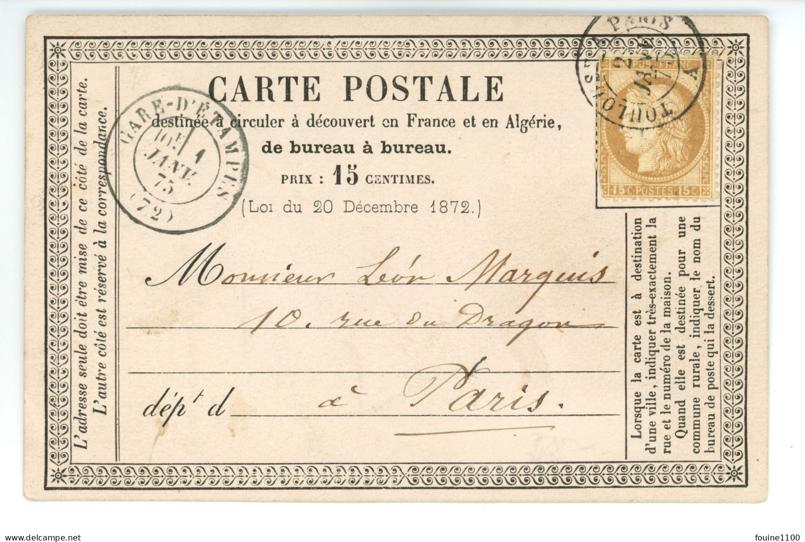 CARTE PRECURSEUR Envoi à LEON MARQUIS 10 Rue Du Dragon à PARIS Ambulant Toulouse A Paris / Gare D'Etampes / Année 1875 - 1849-1876: Classic Period