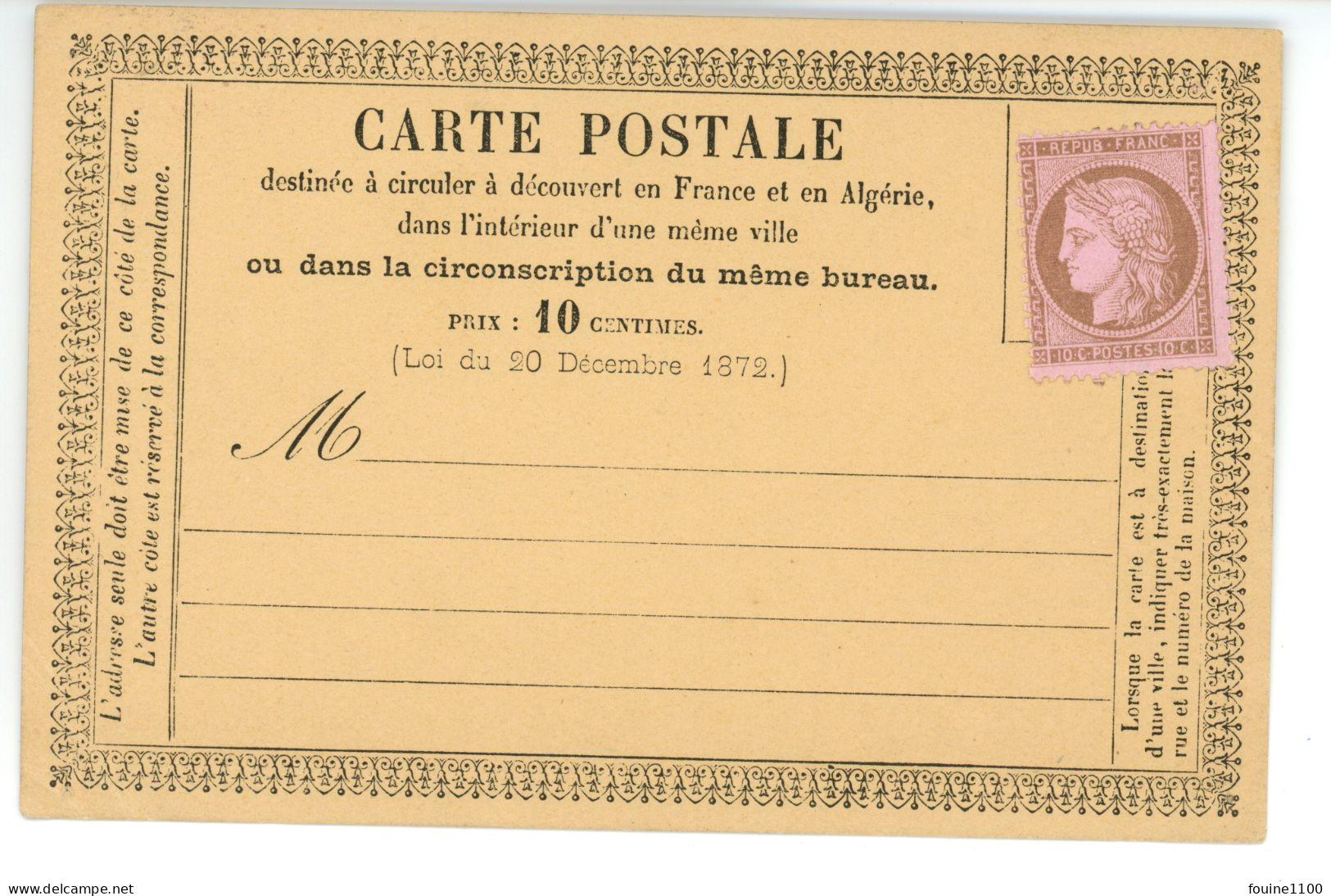 CARTE POSTALE PRECURSEUR Vierge ( Non écrite ) Avec Timbre Ceres 10c Brun Sur Rose ( Année 1872 ) - 1849-1876: Période Classique