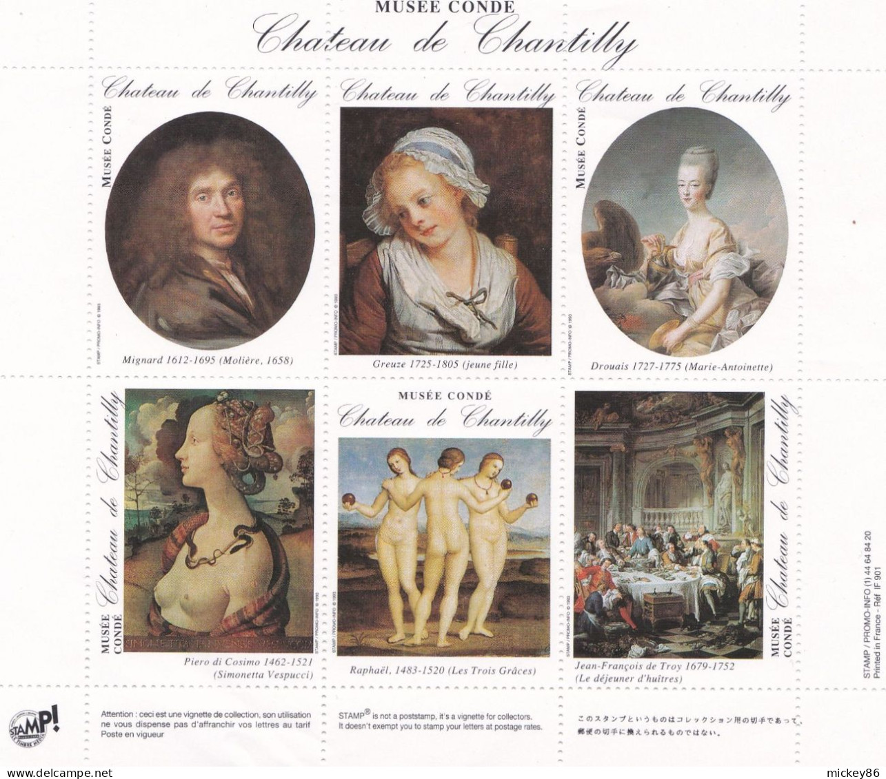 Tourisme--Chateau De CHANTILLY--Musée Condé  --Feuillet De 6 Vignettes ( Tableaux  Dont  Nus )..peu Courant - Tourism (Labels)