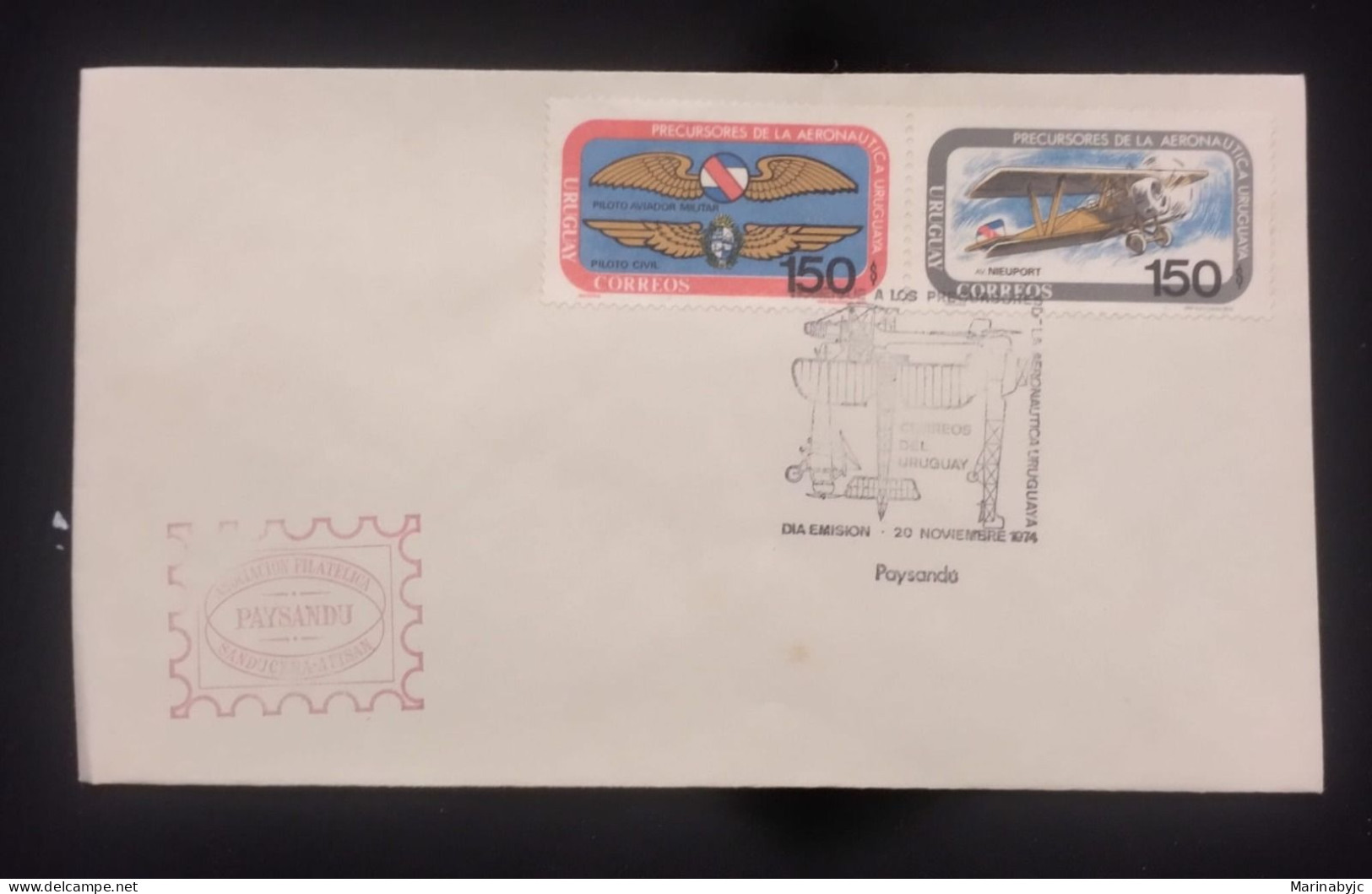 D)1974, URUGUAY, FIRST DAY COVER, ISSUE, HISTORY OF AVIATION, EMBLEMS, NIEUPORT BIPLANE, FDC - Uruguay