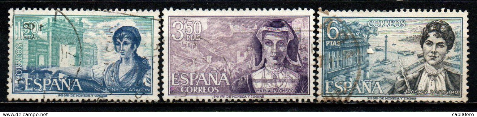 SPAGNA - 1968 - DONNE CELEBRI: AUGUSTINA DE ARAGON - MARIA PACHECO - ROSALIA DE CASTRO - USATI - Gebruikt