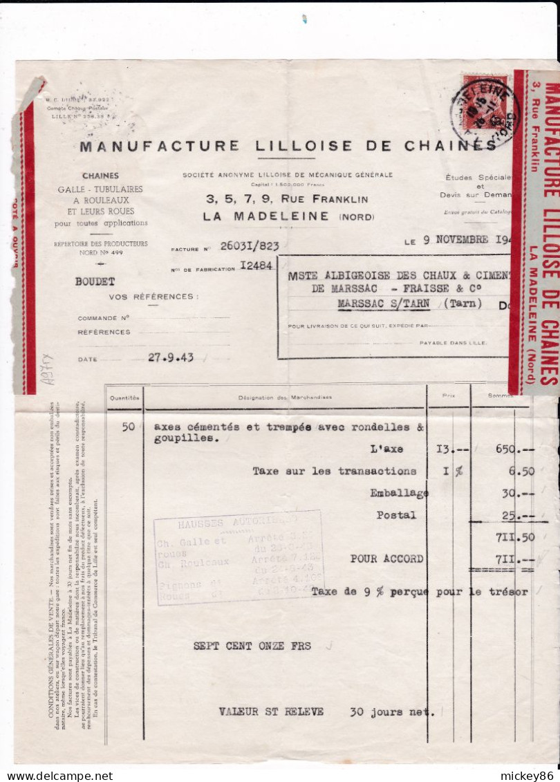 1943 --Document De LA MADELEINE-59 Pour MARSSAC S/ TARN -81,type Pétain,cachet, Facture Manuf Lilloise De Chaines - 1921-1960: Modern Tijdperk