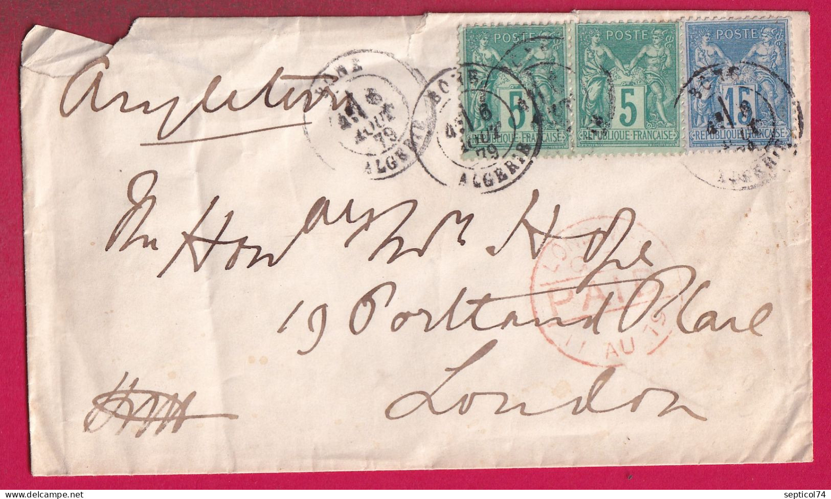 N°75 PAIRE + 90 BONE ALGERIE CAD TYPE 17 POUR LONDRES LONDON 1879 LETTRE - 1877-1920: Semi-Moderne