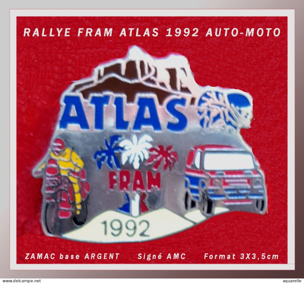 SUPER PIN'S "RALLYE RALLYE FRAM ATLAS 92 En ZAMAC ARGENT, AUTO-MOTO, Signé AMC, Format 3X3,5cm - Rallye