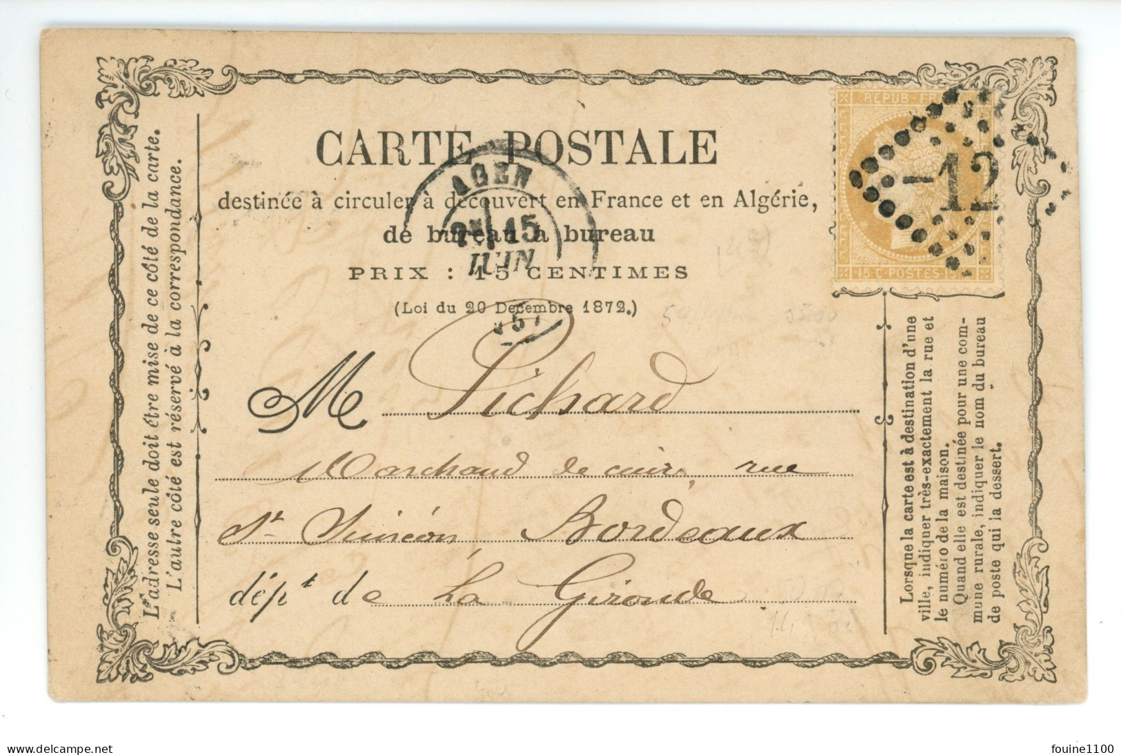 CARTE POSTALE PRECURSEUR Envoi De C. A. BLANCHET Sabotier à AGEN 47 Pour Pichard Marchand De Cuir à BORDEAUX Année 1873 - Agen