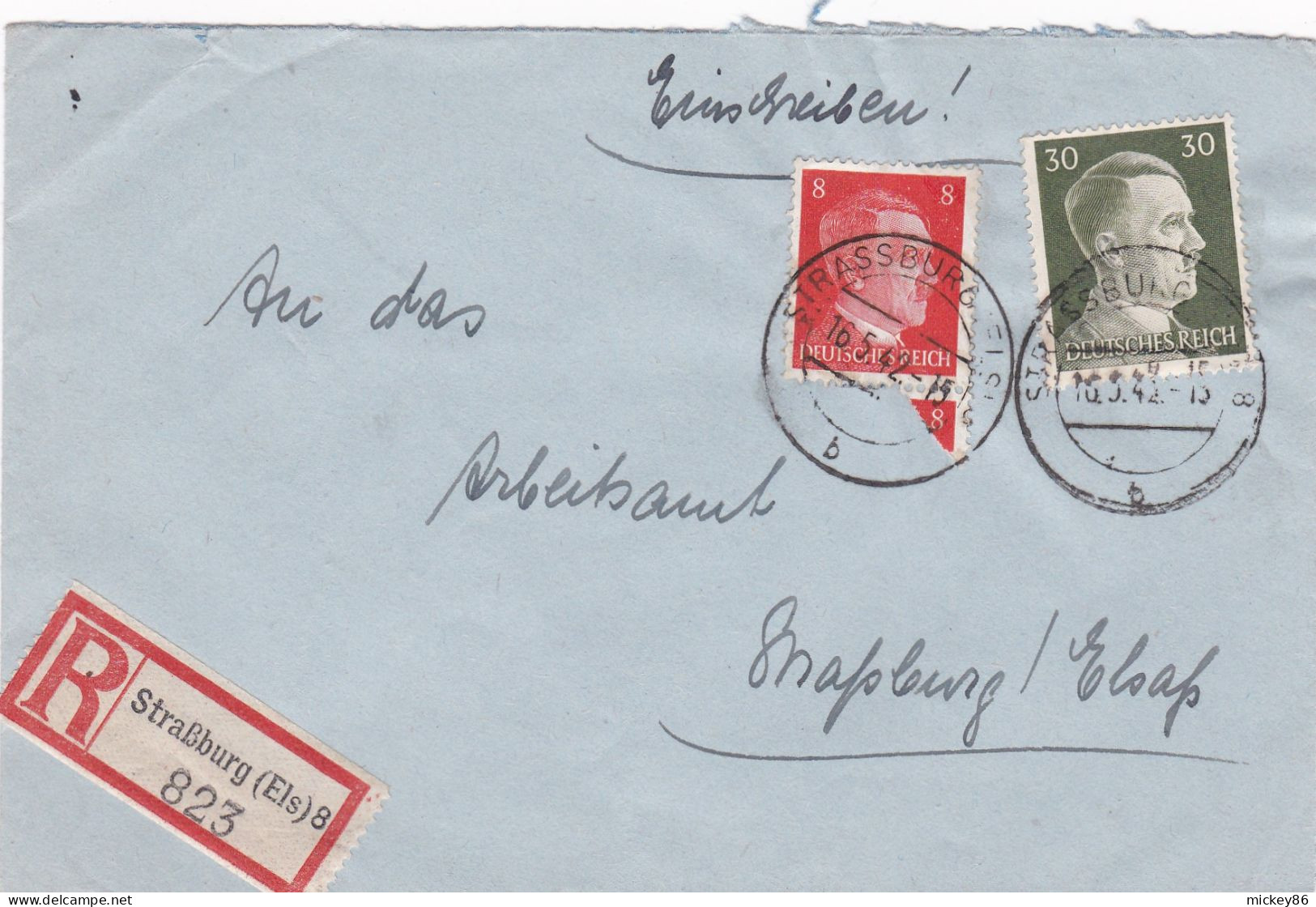 1942-Lettre Recommandée STRASBOURG-Els 8  Pour STRASBOURG..timbres Deutsches Reich--cachet 16-5-42 - 1921-1960: Moderne