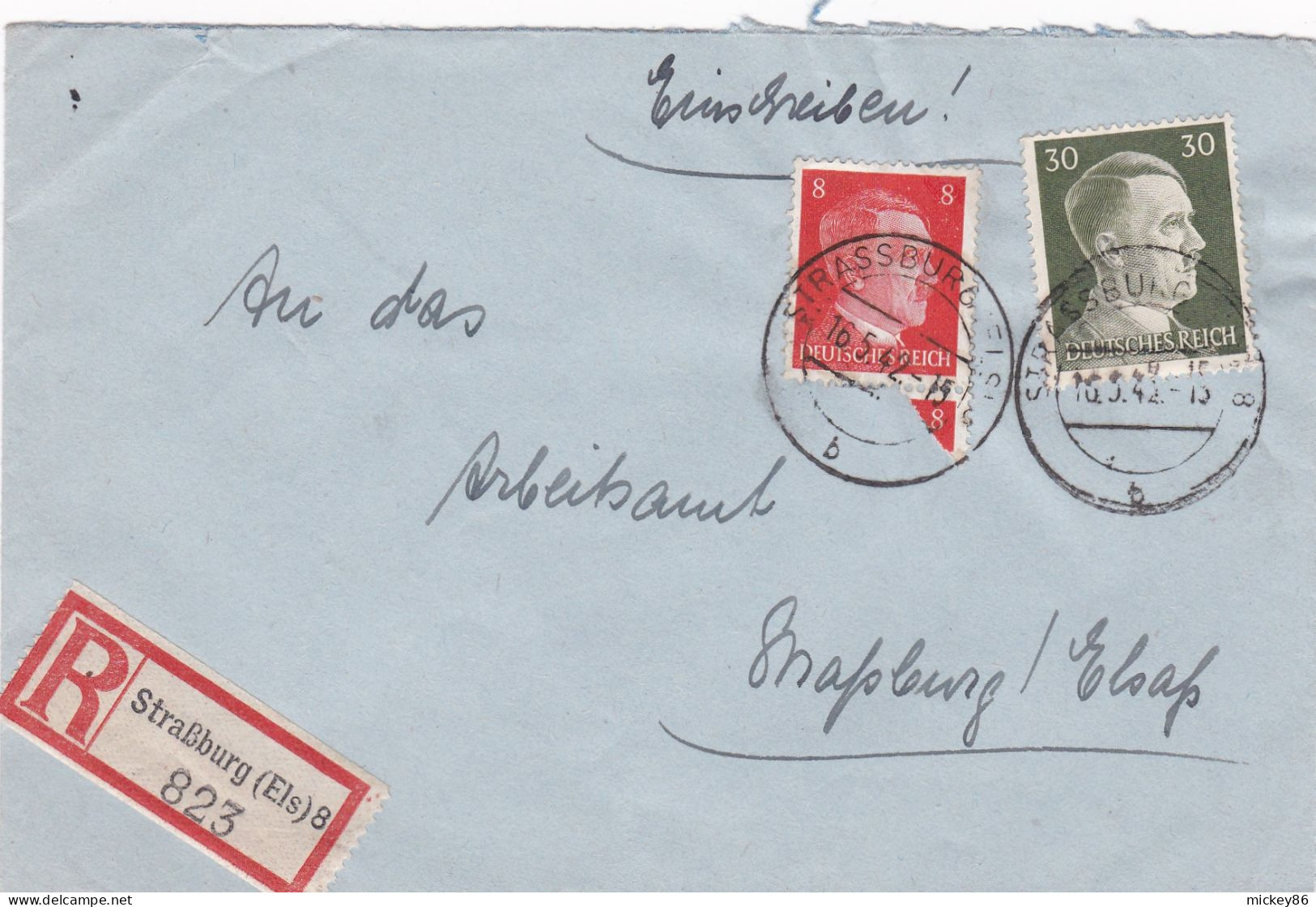 1942-Lettre Recommandée STRASBOURG-Els 8  Pour STRASBOURG..timbres Deutsches Reich--cachet 16-5-42 - 1921-1960: Modern Tijdperk