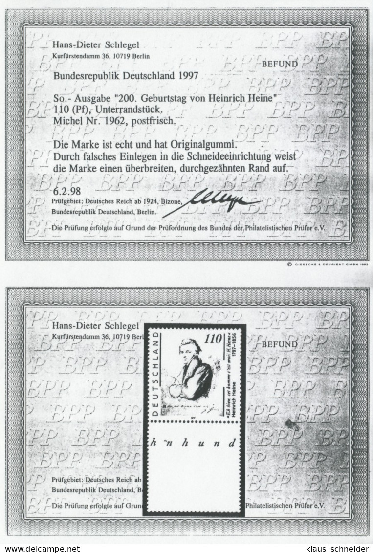 BRD 1997 Nr 1962LU Postfrisch ATTEST KOPIE X750C02 - Unused Stamps