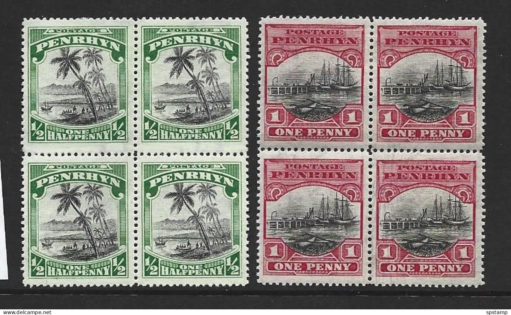 Penrhyn Island 1927 - 1929 1/2d & 1d Later Issued Scenes Definitives Fresh MNH Blocks Of 4 MLH / MNH - Penrhyn