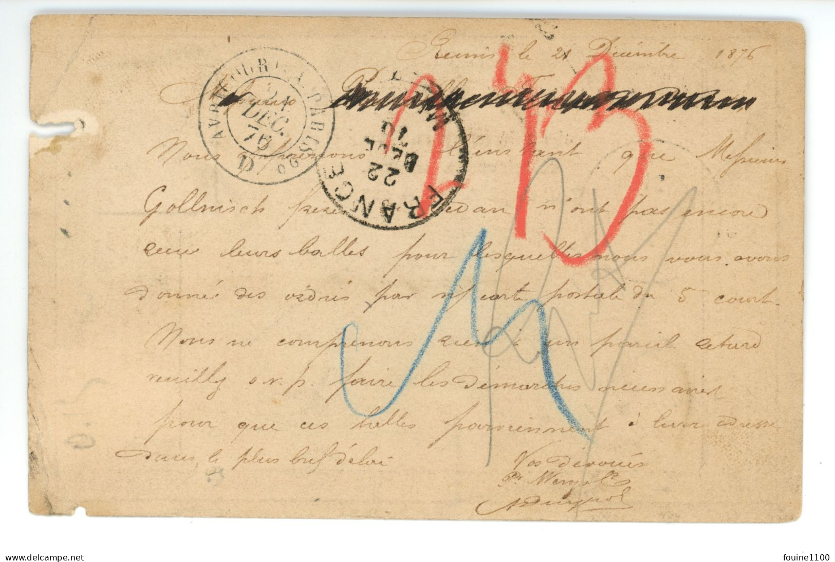 CARTE POSTALE PRECURSEUR Cachet De WENZ & Cie à REIMS 51 / Transit Et Arrivée à ANVERS BELGIQUE ( Année 1876 ) - 1849-1876: Klassik