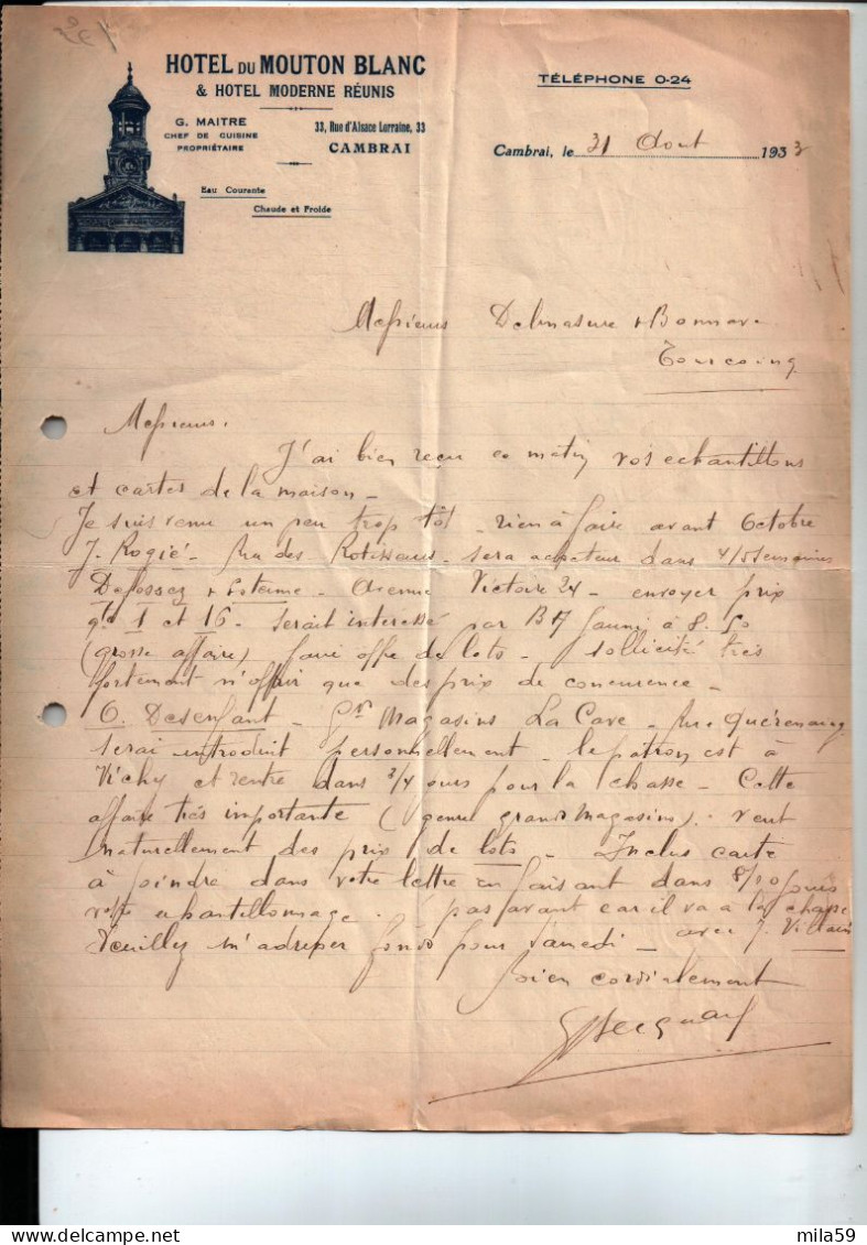 Hôtel Du Mouton Blanc & Hôtel Moderne Réunis. G. Maitre Chef Cuisine Cambrai. à Ms Delmasure Et Bonnave à Tourcoing 1933 - 1900 – 1949