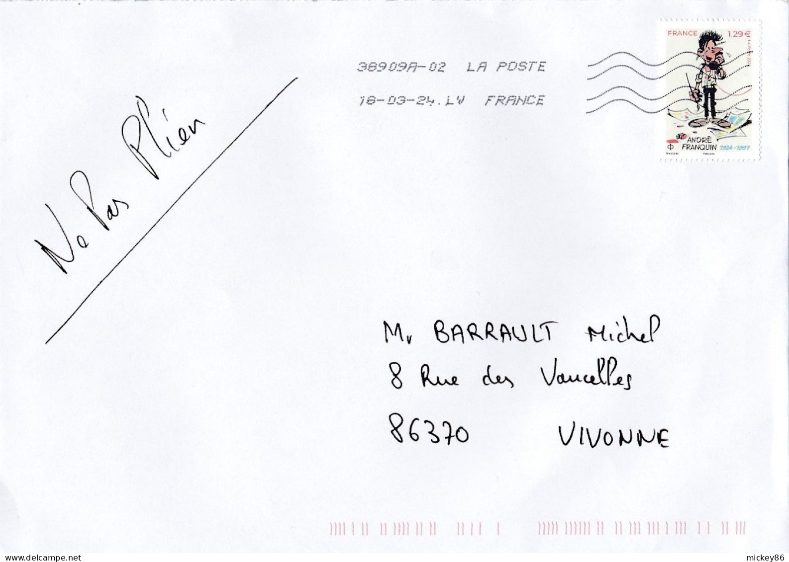 2024---timbre Adhésif Seul Sur Lettre ---cachet  18-03-24 --tp  1.29€ --André Franquin.....format  C 5 - 1961-....