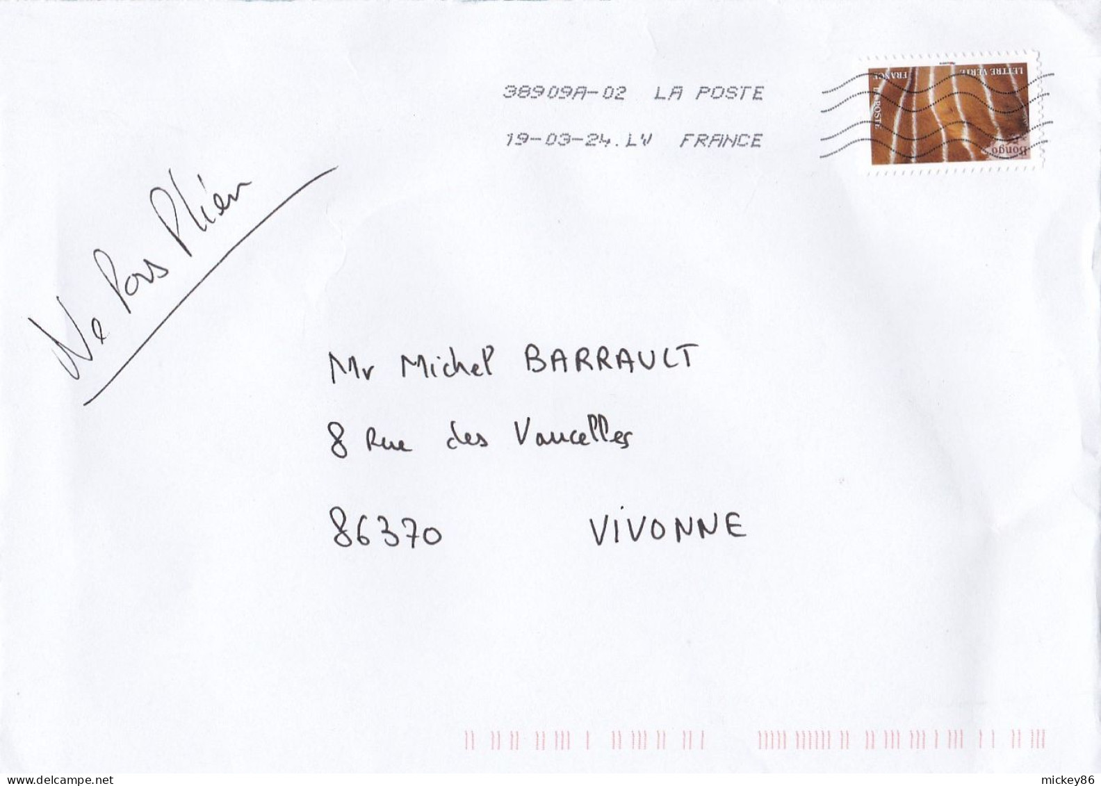 2024---timbre Adhésif Seul Sur Lettre ---cachet  19-03-24 --tp  Aile De Papillon.....format  C 5 - 1961-....