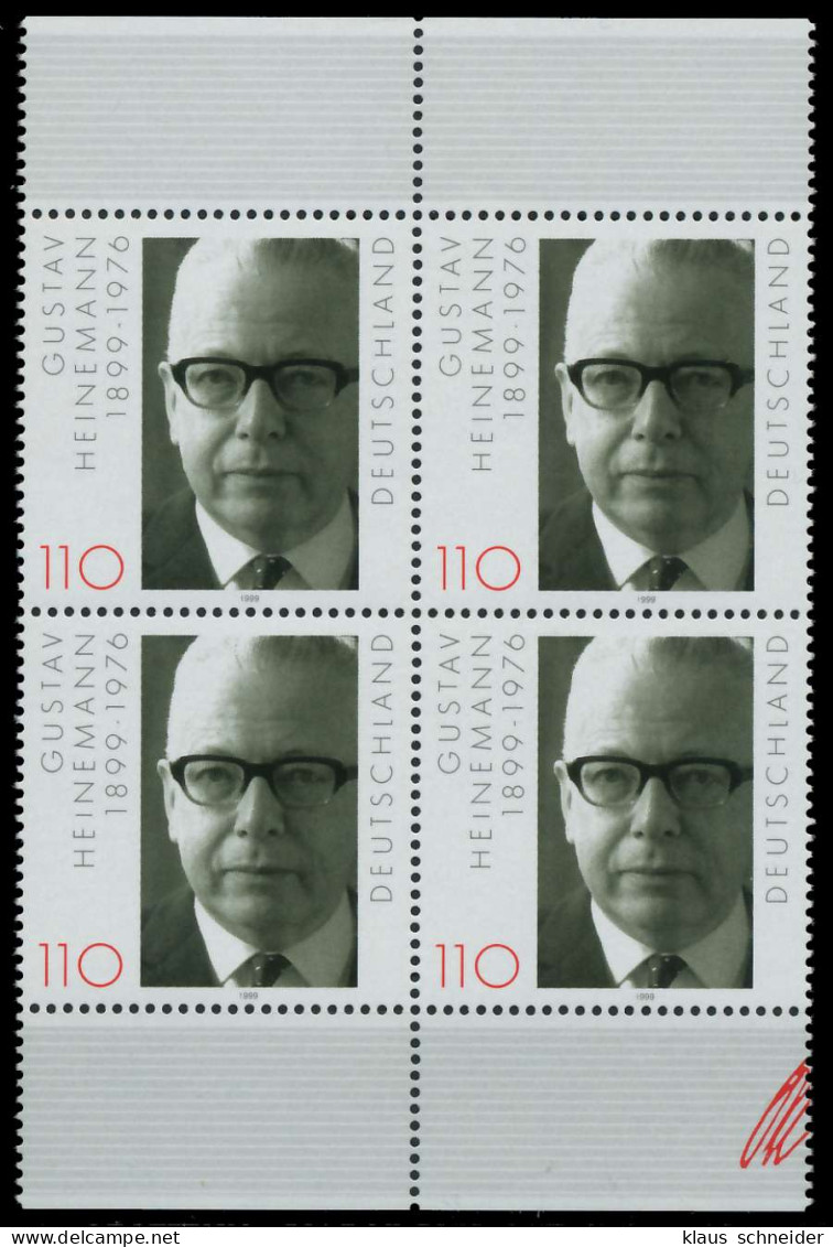 BRD 1999 Nr 2067 Postfrisch VIERERBLOCK ORA X86B8DA - Unused Stamps