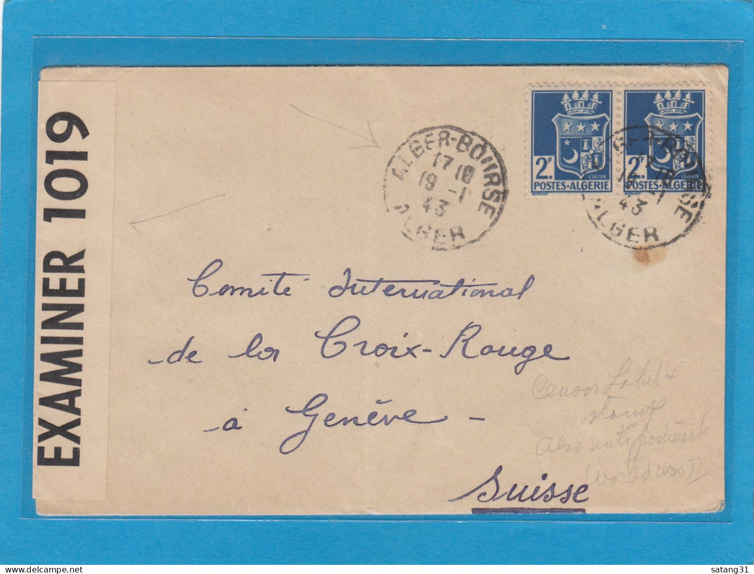 LETTRE D'ALGER-BOURSE POUR GENEVE,OUVERTE PAR LA CENSURE US,CACHET DE CENSURE ALLEMAND "A.x.". - Storia Postale