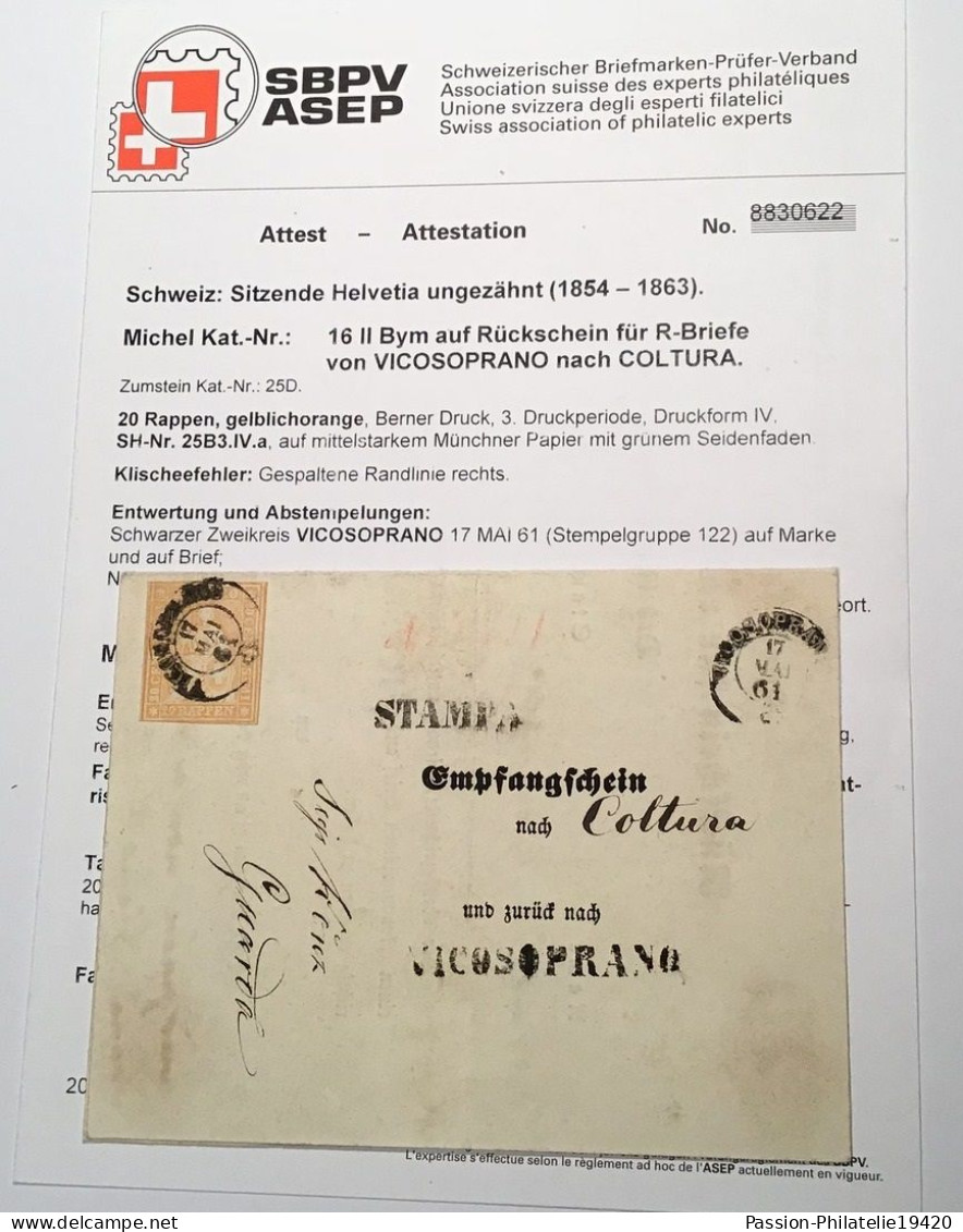 Schweiz ZNr 25D EXTREM SELTENER RÜCKSCHEIN FÜR R-BRIEFE Von Vicosoprano 1861(Graubünden Brief Strubel Attest Hermann - Cartas & Documentos
