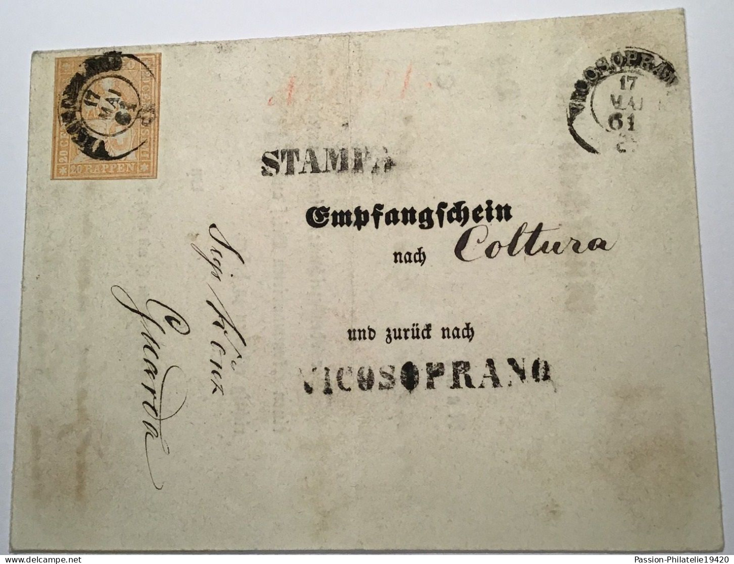 Schweiz ZNr 25D EXTREM SELTENER RÜCKSCHEIN FÜR R-BRIEFE Von Vicosoprano 1861(Graubünden Brief Strubel Attest Hermann - Covers & Documents