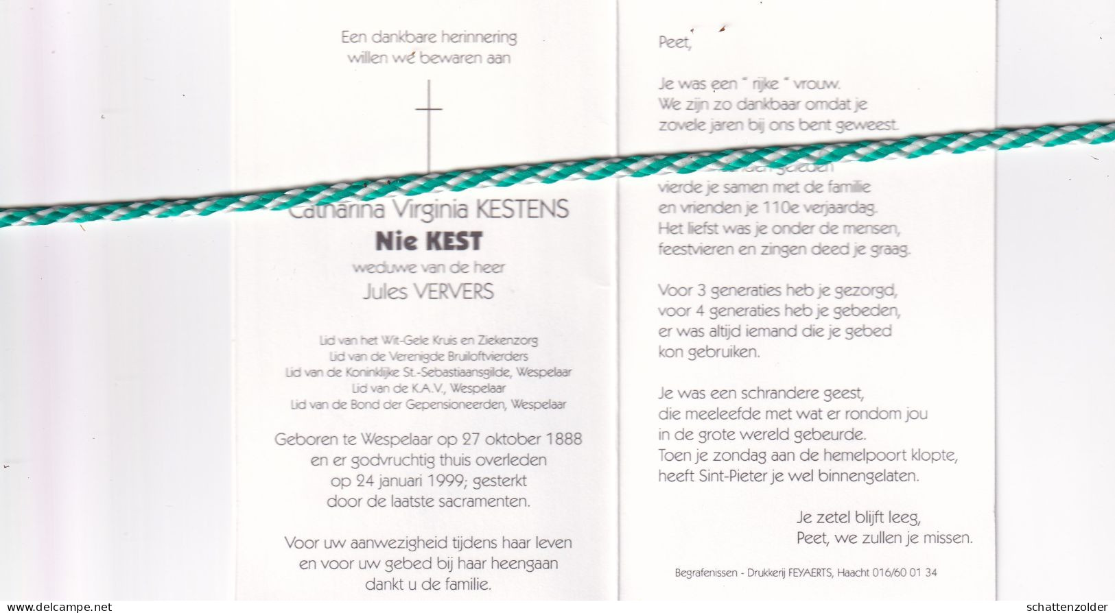 Catharina Virginia Kestens (Nie Kest)-Ververs, Wespelaar 1888, 1999. Honderjarige (110); Foto Tekening - Todesanzeige