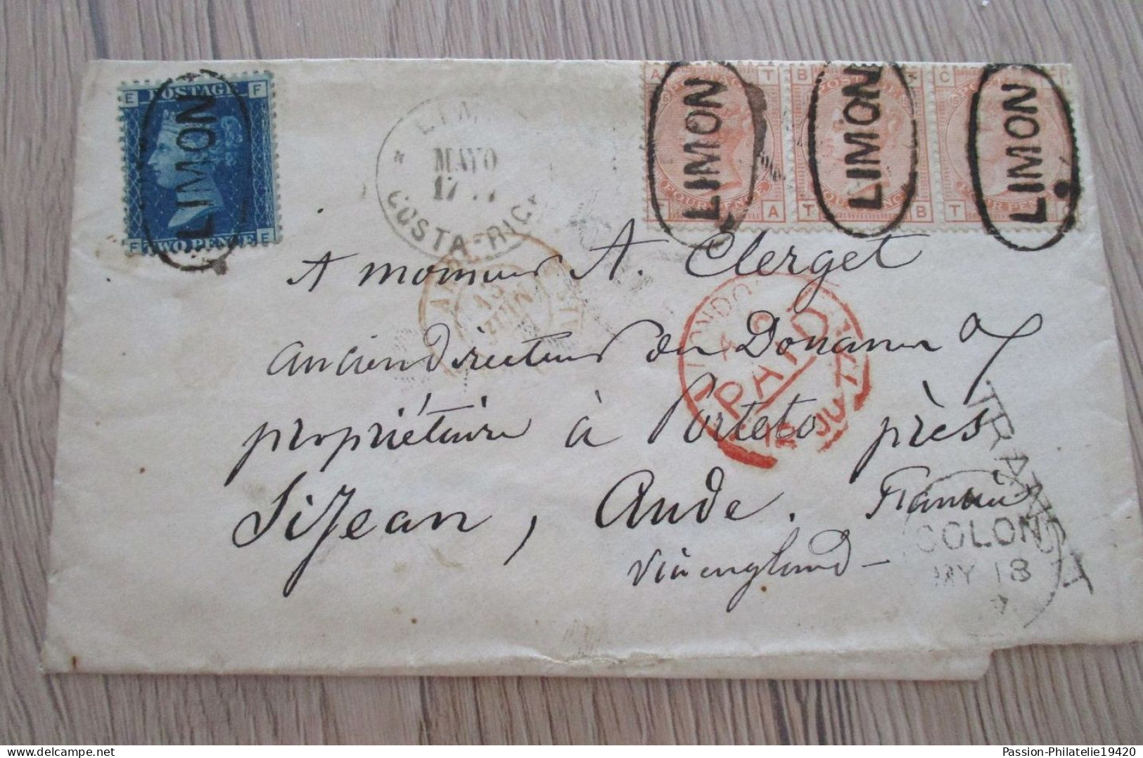 England Rare Lettre 4 TP Anciens Dont Bande De 3 Cachets Limon Costa Rica Via England Pou Sigean Aude - 1840 Mulready Envelopes & Lettersheets