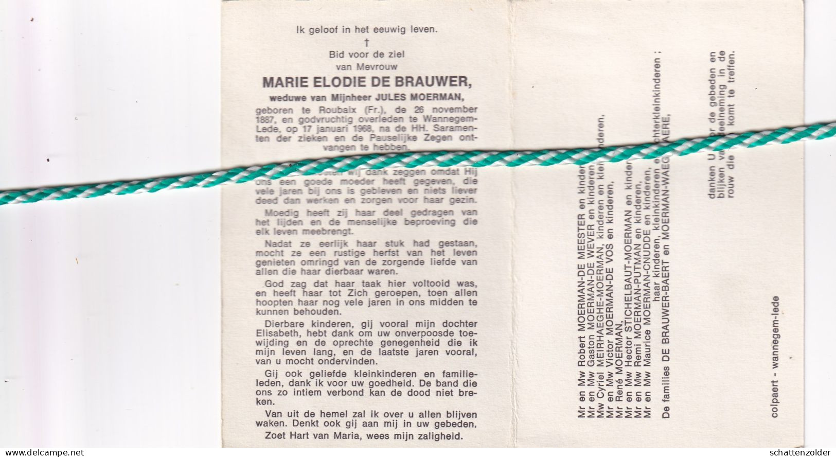 Marie Elodie De Brauwer-Moerman, Roubaix (Fr) 1887, Wannegem-Lede 1968 - Avvisi Di Necrologio