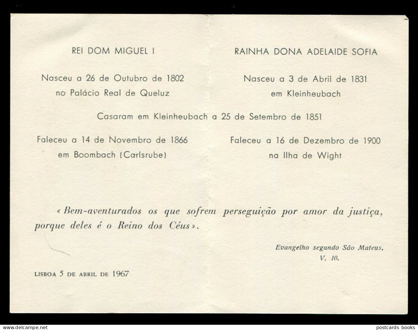Cartão 5 Abril 1967 Regresso Restos Mortais REI D.Miguel I Bragança + RAINHA D.Adelaide Loewenstein Panteão Nac PORTUGAL - Familles Royales