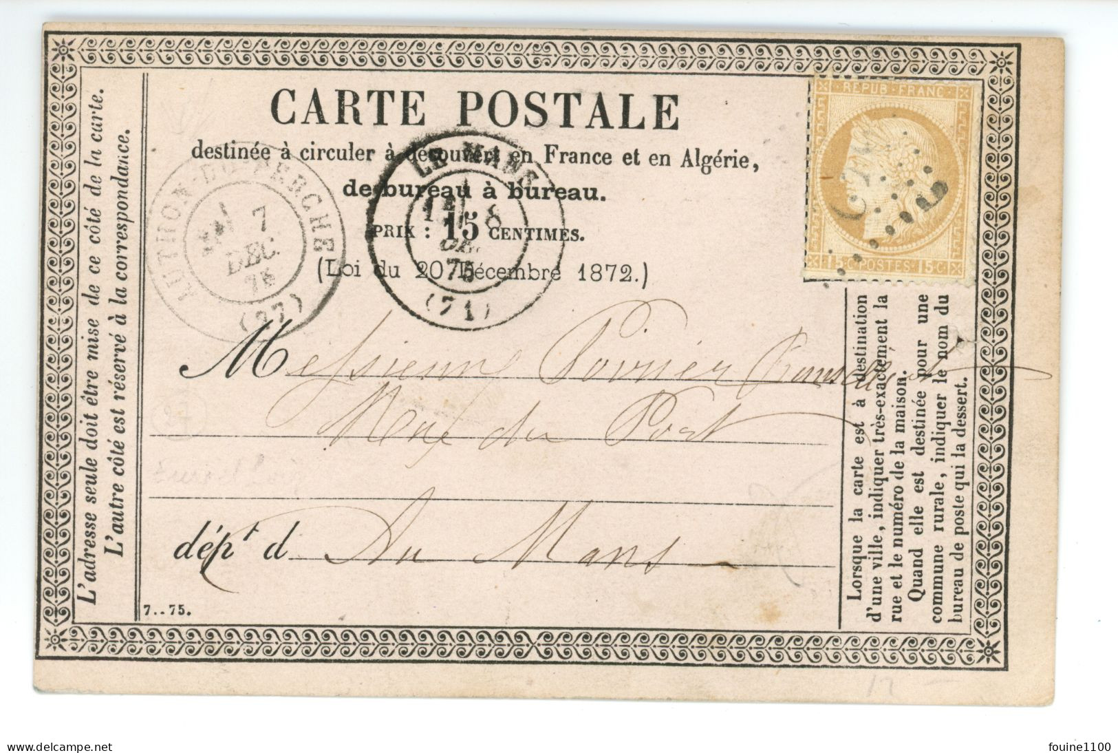 CARTE POSTALE PRECURSEUR Envoi De ? à AUTHON DU PERCHE 28 Pour LE MANS 72 ( Année 1875 Ou 1876 ) - Otros & Sin Clasificación