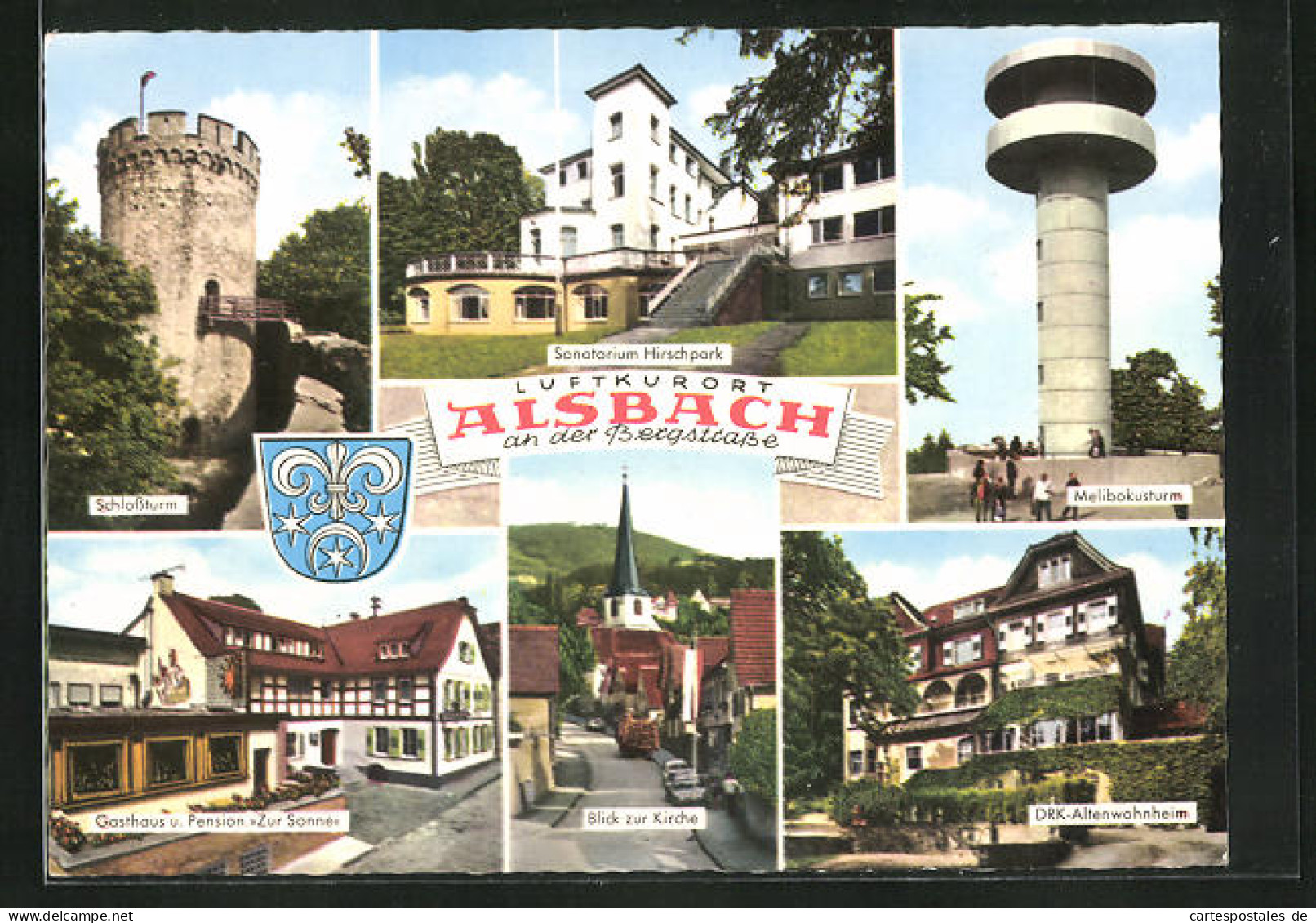 AK Alsbach, Sanatorium Hirschpark, Melibokusturm, DRK-Altenwohnheim, Gasthaus Zur Sonne, Schlossturm  - Other & Unclassified