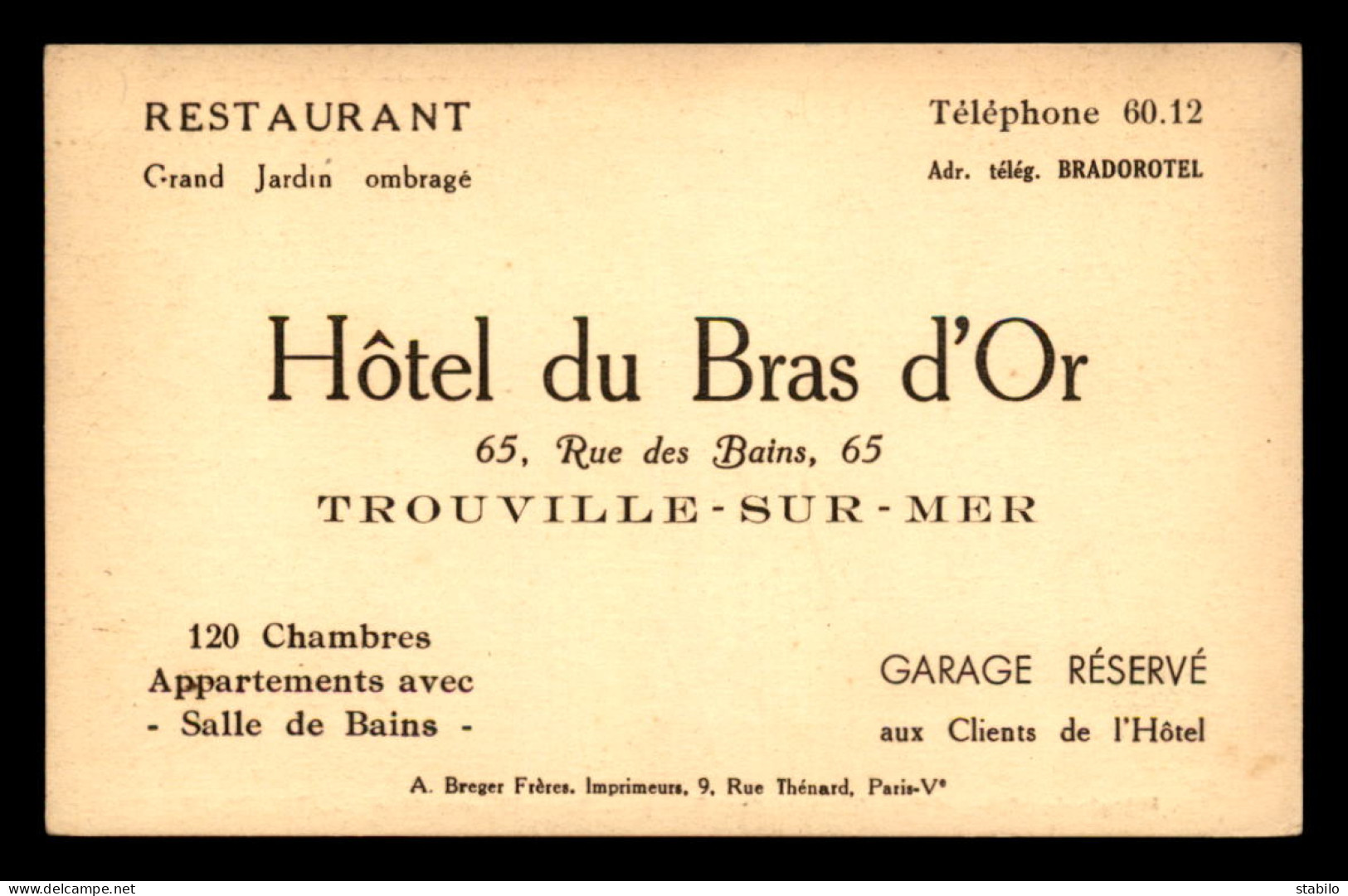 14 - TROUVILLE - HOTEL DU BRAS D'OR, 65 RUE DES BAINS - CARTE PUBLICITAIRE - Trouville