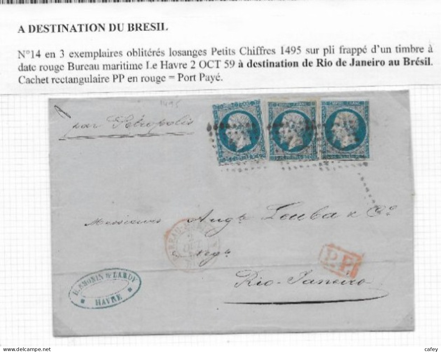 Destination BRESIL Lettre Du HAVRE 1859 Timbres Empire N° 14x3 P / RIO DE JANEIRO Bateau PETREPOLIS Double Port Bâtiment - 1853-1860 Napoléon III