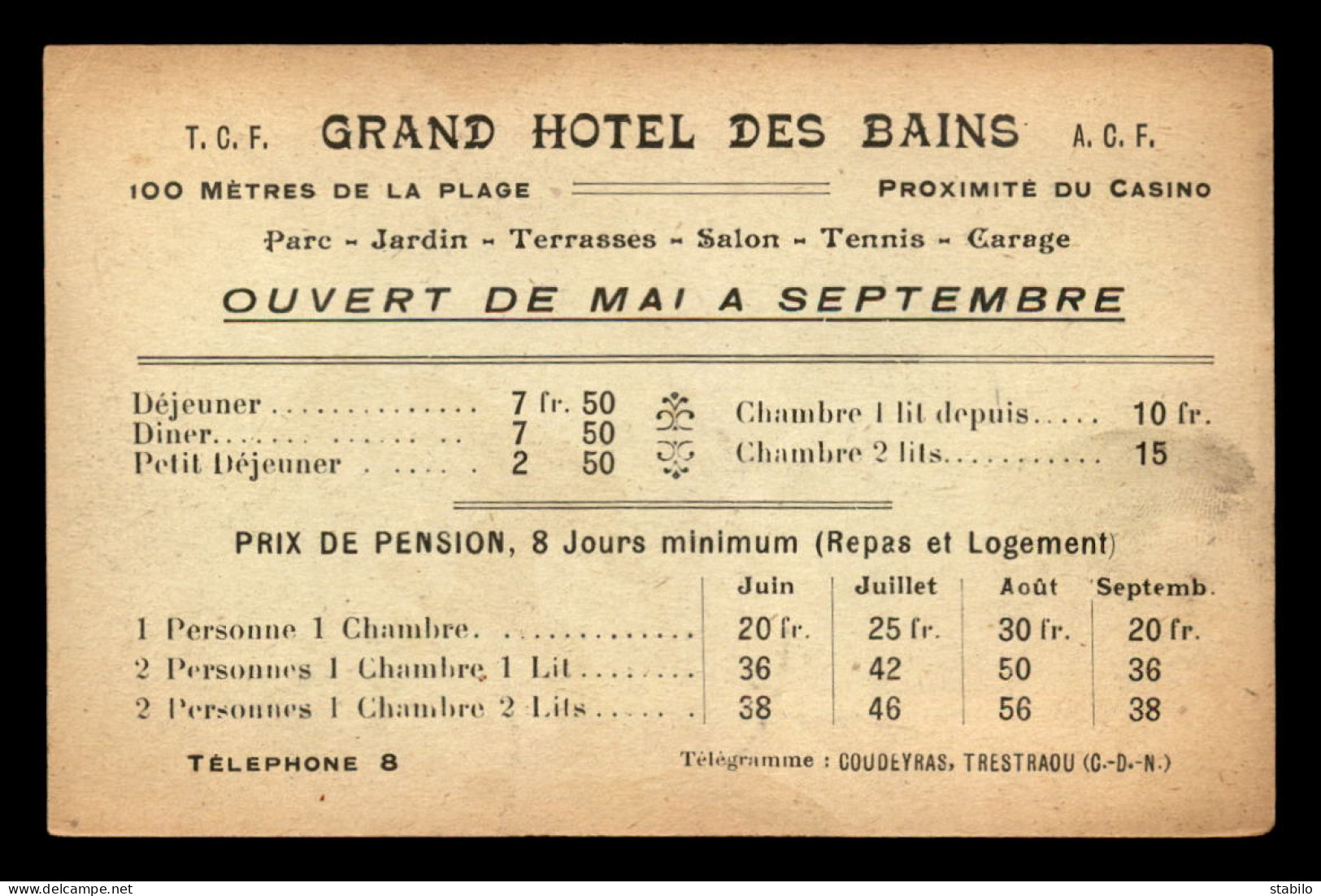 22 - PERROS-GUIREC - PLAGE DE TRESTRAOU - GRAND HOTEL DES BAINS A. COUDEYRAS PROPRIETAIRE - PUBLICITE AU VERSO - Perros-Guirec