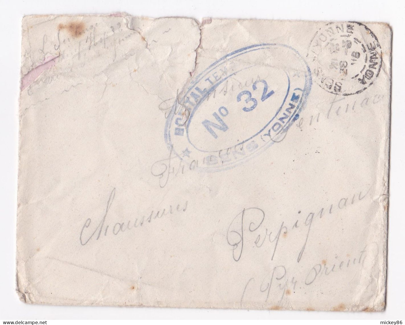 Guerre 14-18 --lettre En F.M De SENS-89 Pour PERPIGNAN-66--Cachet Hôpital Temporaire N° 32..cachet - WW I