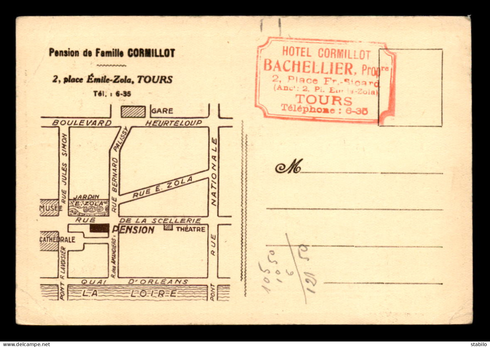 37 - TOURS - PENSION DE FAMILLE CORMILLOT, 2 PLACE EMILE ZOLA - PLAN AU VERSO - Tours