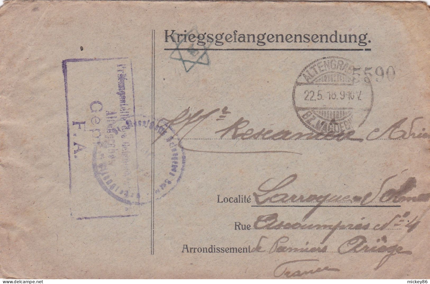 Guerre 14-18 -1918--lettre Censurée D' ALTEN-GRADOW  Pour LAROQUE D'OLMES-09--Cachets--courrier Inclus - Guerra Del 1914-18