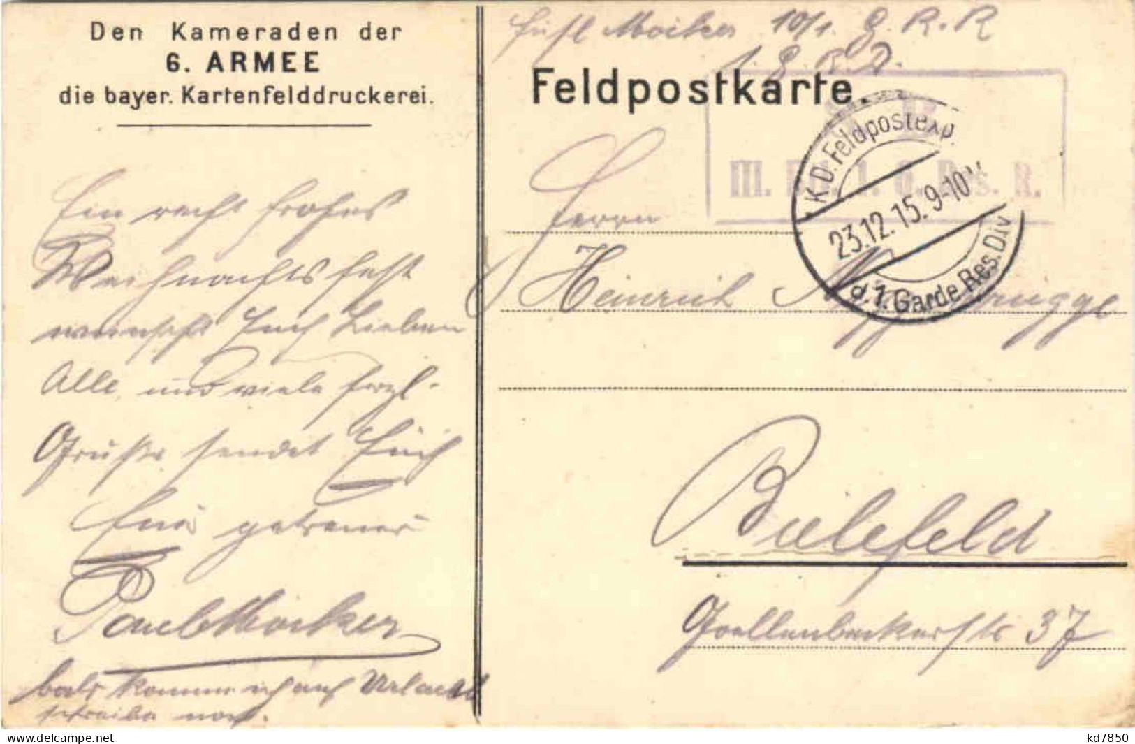Zweite Feld Weihnacht 1915 - Feldpost 1. GArde Res. Div. - Weltkrieg 1914-18