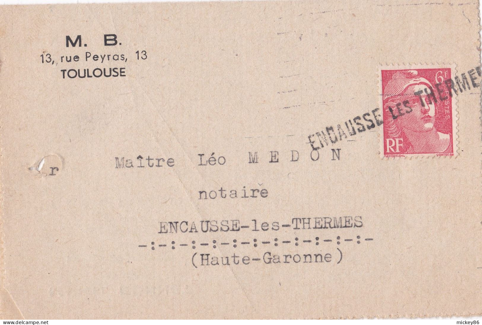 Lettre De TOULOUSE-31 Pour ENCAUSSE LES THERMES-31...type Marianne Gandon...belle Griffe Linéaire"ENCAUSSE LES THERMES" - 1921-1960: Moderne