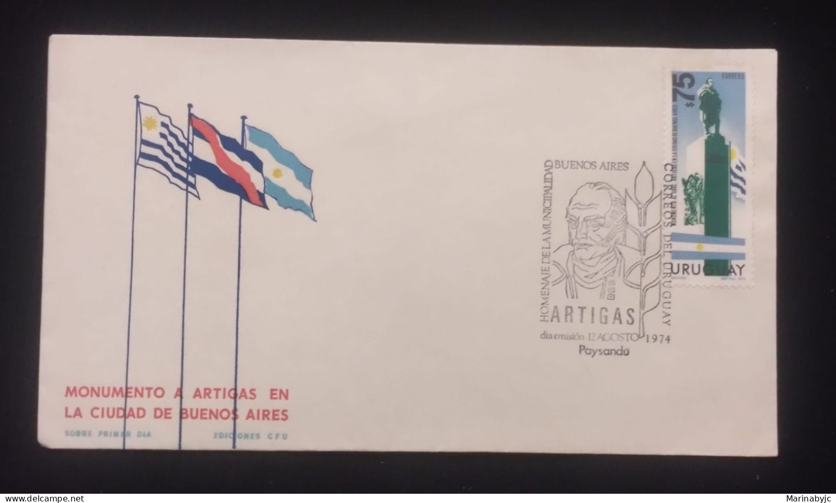 D)1974, URUGUAY, FIRST DAY COVER, ISSUE, MONUMENT TO ARTIGAS IN BUENOS AIRES, FDC - Uruguay