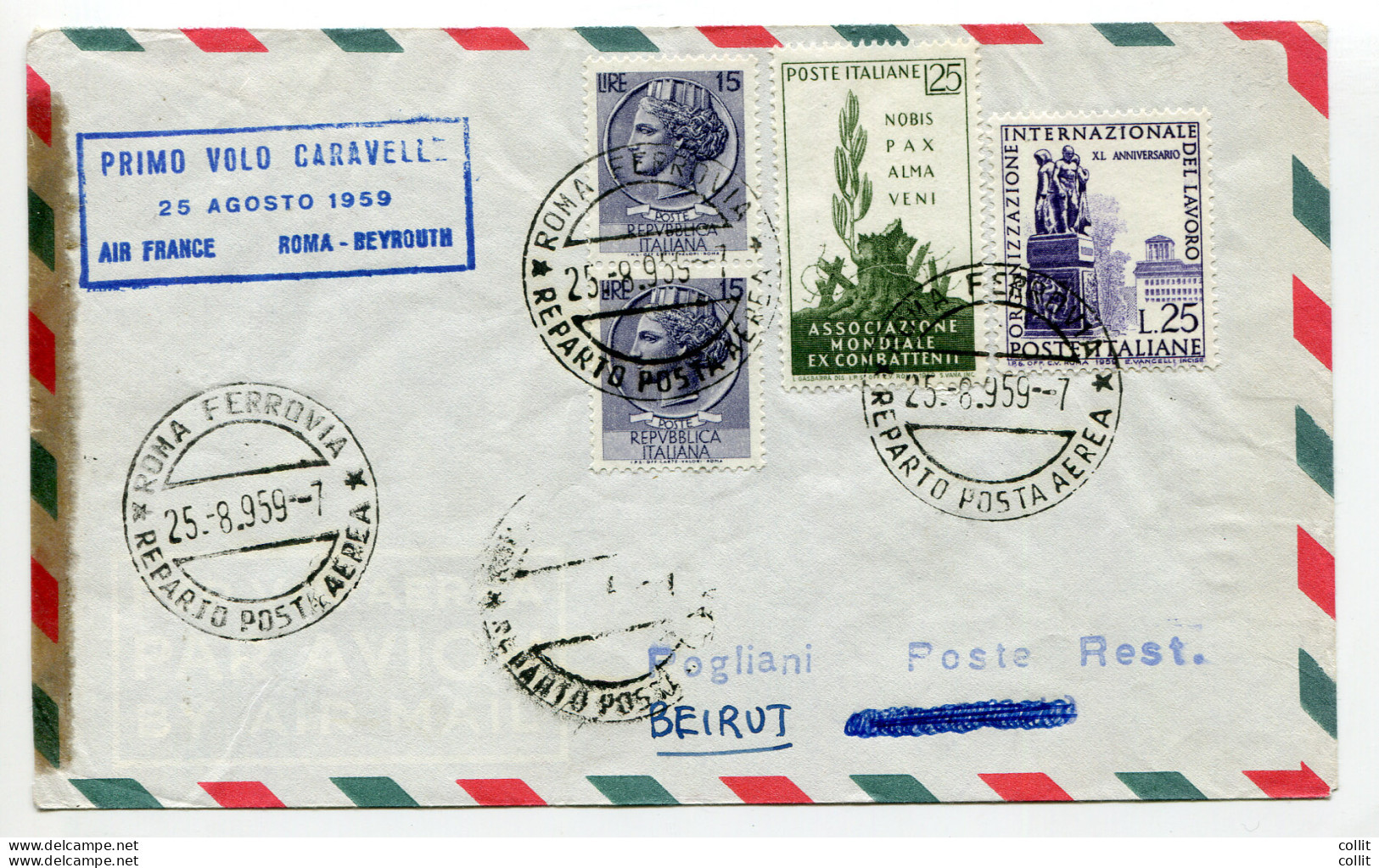 Air France Roma/Beirut Del 25.8.59 - Poste Aérienne