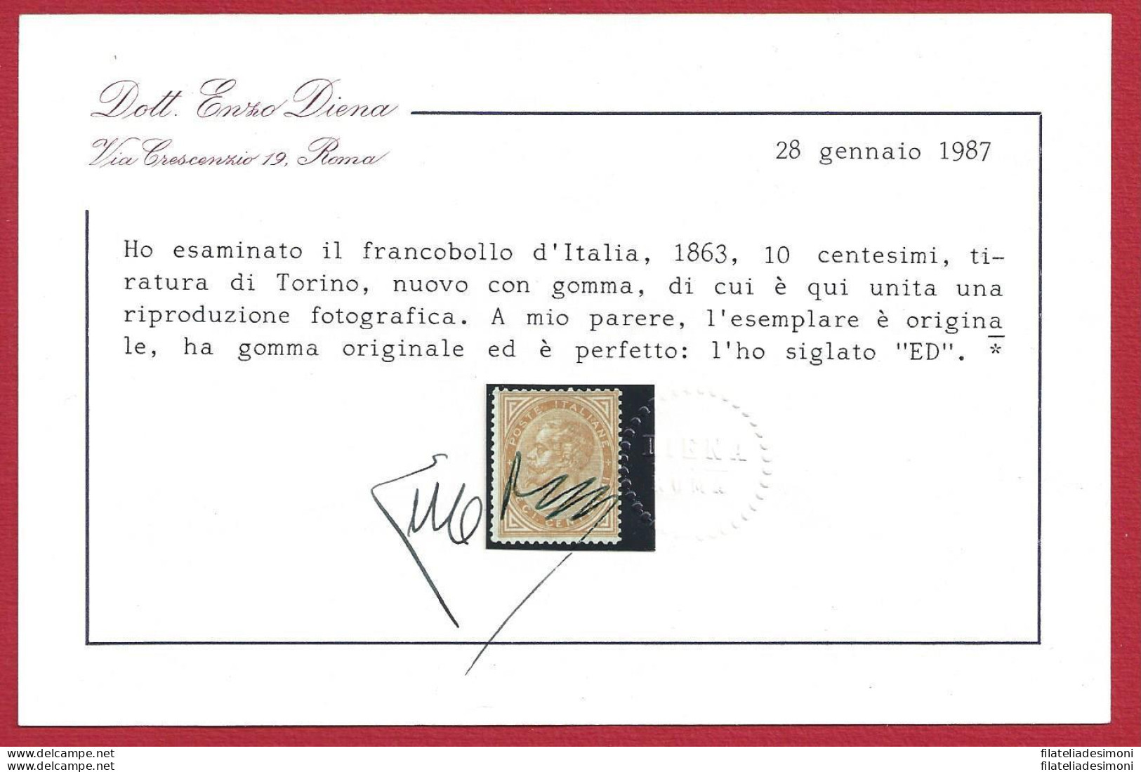 1863 Italia - Regno , N° 17T  TORINO  10 Cent. Giallo Ocra  MLH/* Certificato E - Andere & Zonder Classificatie