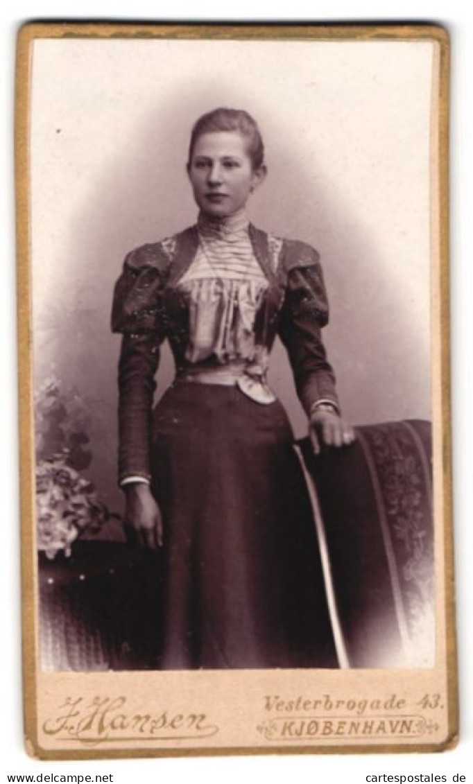 Fotografie J. Hansen, Kjobenhavn, Vesterbrogade 43, Portrait Brünette Junge Schönheit Im Elegant Besticktem Kleid  - Anonieme Personen