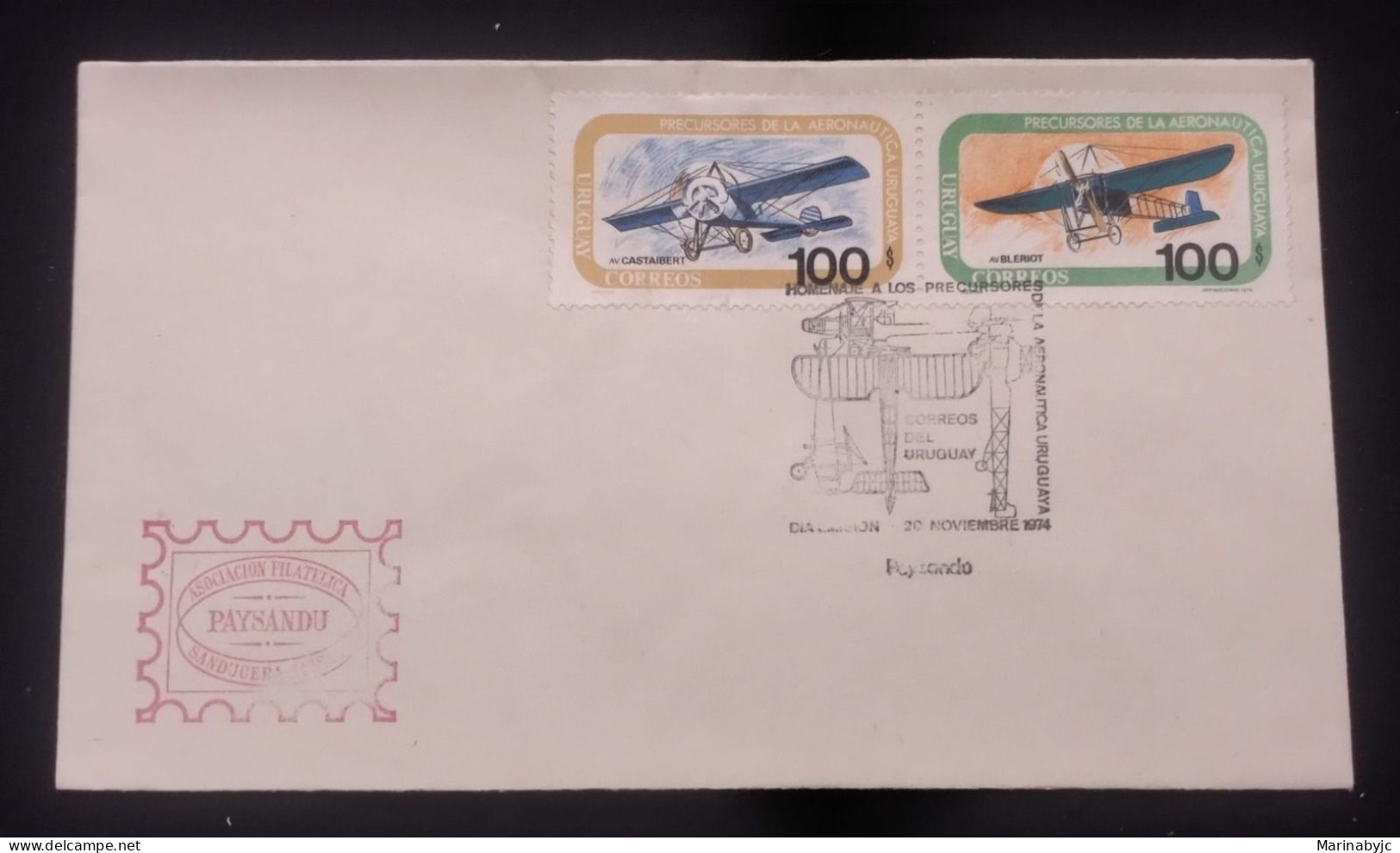 D)1974, URUGUAY, FIRST DAY COVER, ISSUE, HISTORY OF AVIATION, CASTAIBERT MONOPLANE, BLÉRIOT MONOPLANE, FDC - Uruguay