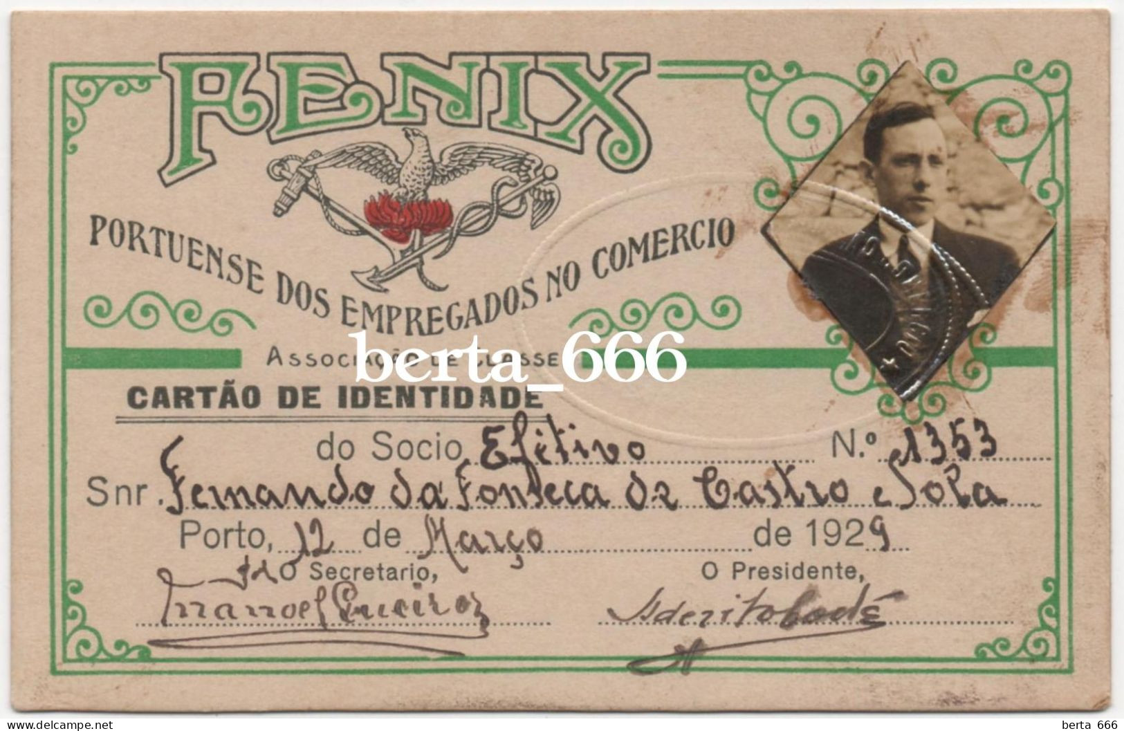 FENIX Associação Portuense Dos Empregados No Comércio * Cartão De Identidade De Sócio * 1929 - Cartes De Membre