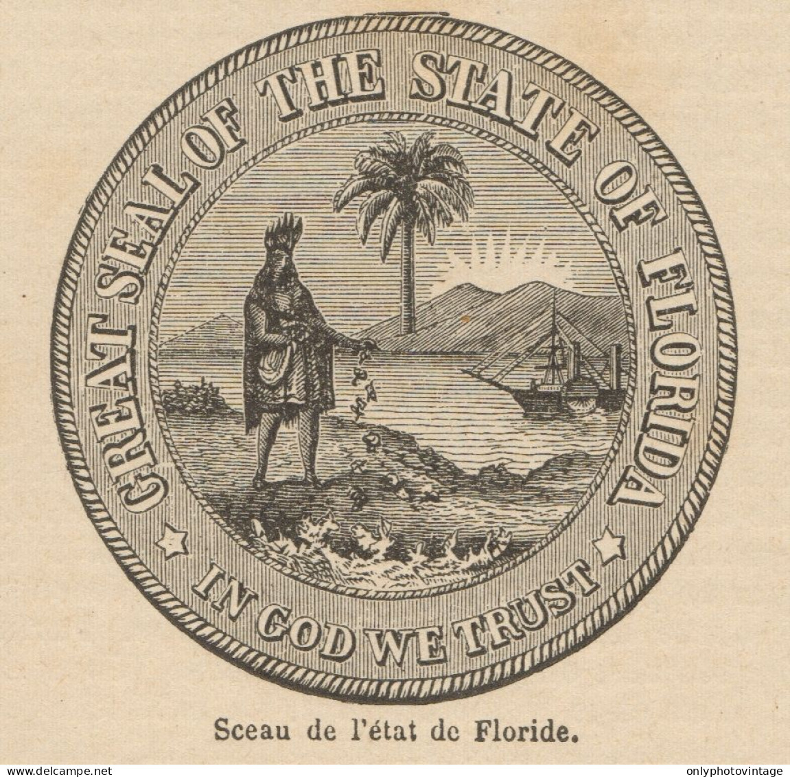 Seal Of The State Of Florida - Stampa Antica - 1892 Engraving - Estampes & Gravures