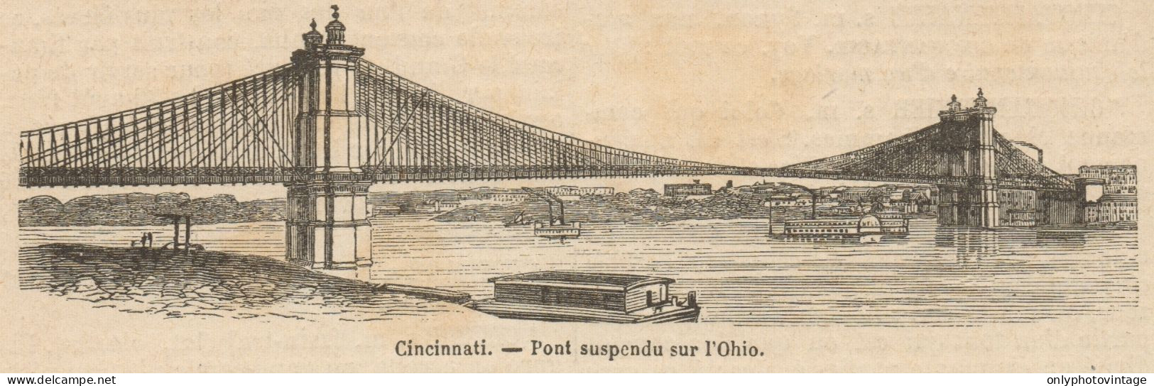 Ohio - Cincinnati - View Of The Bridge - Stampa Antica - 1892 Engraving - Stiche & Gravuren