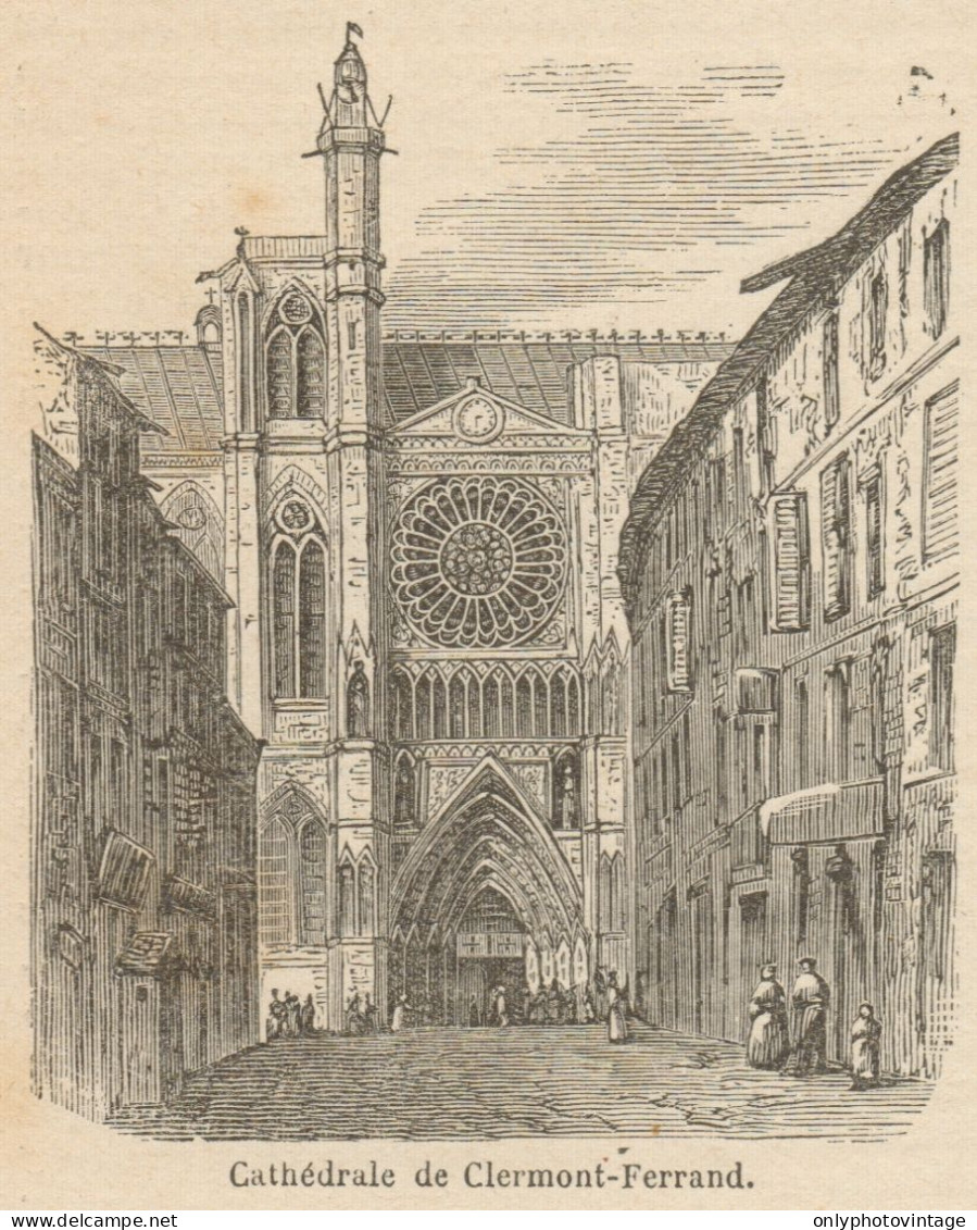 France - Clermont-Ferrand - The Cathedral - Stampa Antica - 1892 Engraving - Stiche & Gravuren