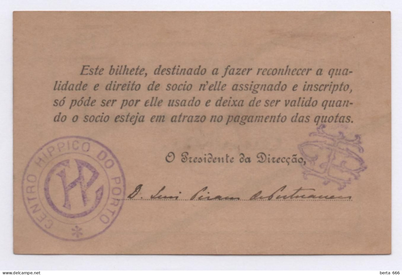 Centro Hípico Do Porto * Cartão De Identidade Do Sócio Ruy De Brito E Cunha * 1916 - Cartes De Membre