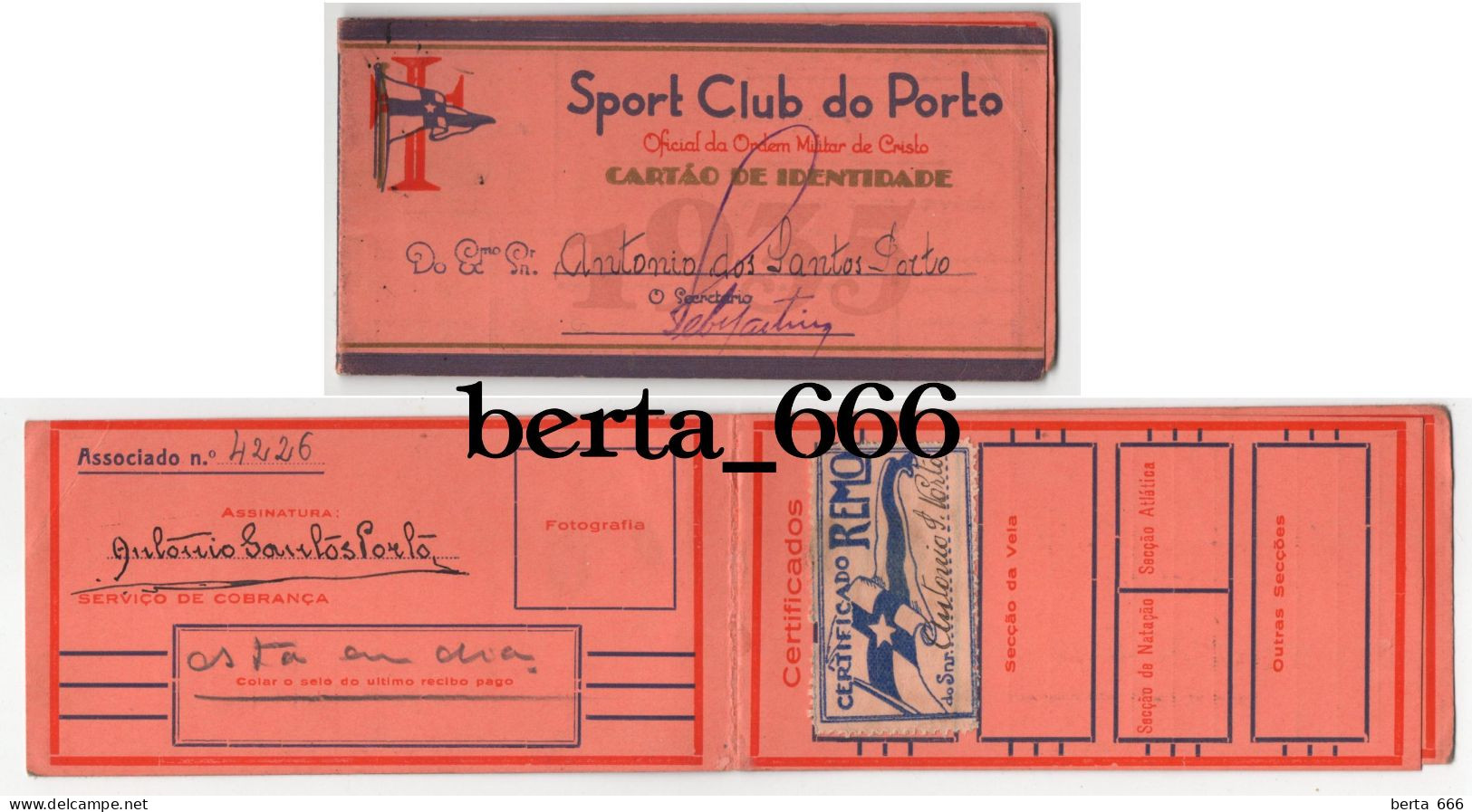 Sport Club Do Porto * Oficial Da Ordem Militar De Cristo * Cartão De Identidade De Sócio * Remo - Tessere Associative