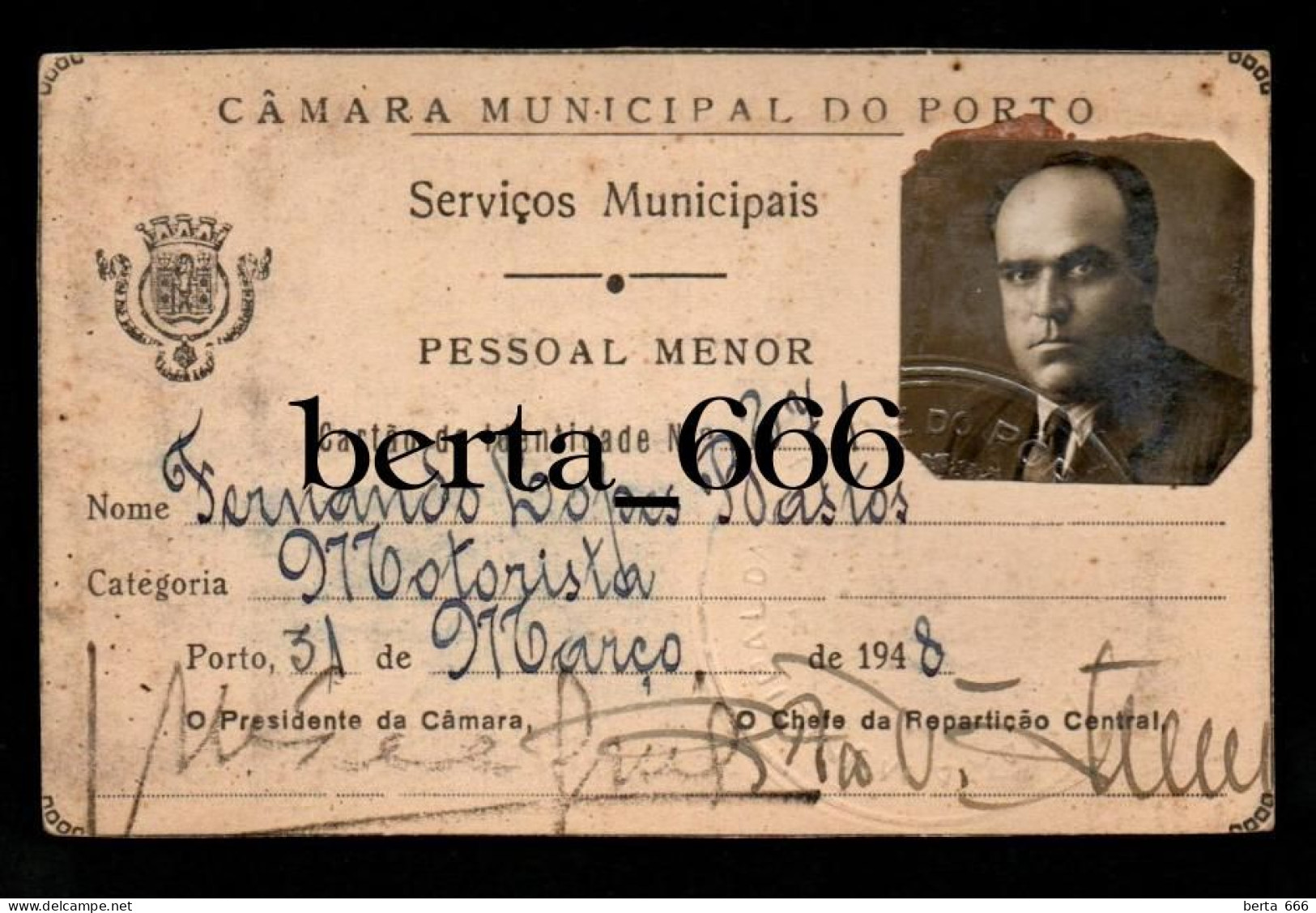 Cartão De Identidade De Motorista * Camara Municipal Do Porto * 1948 - Historische Documenten