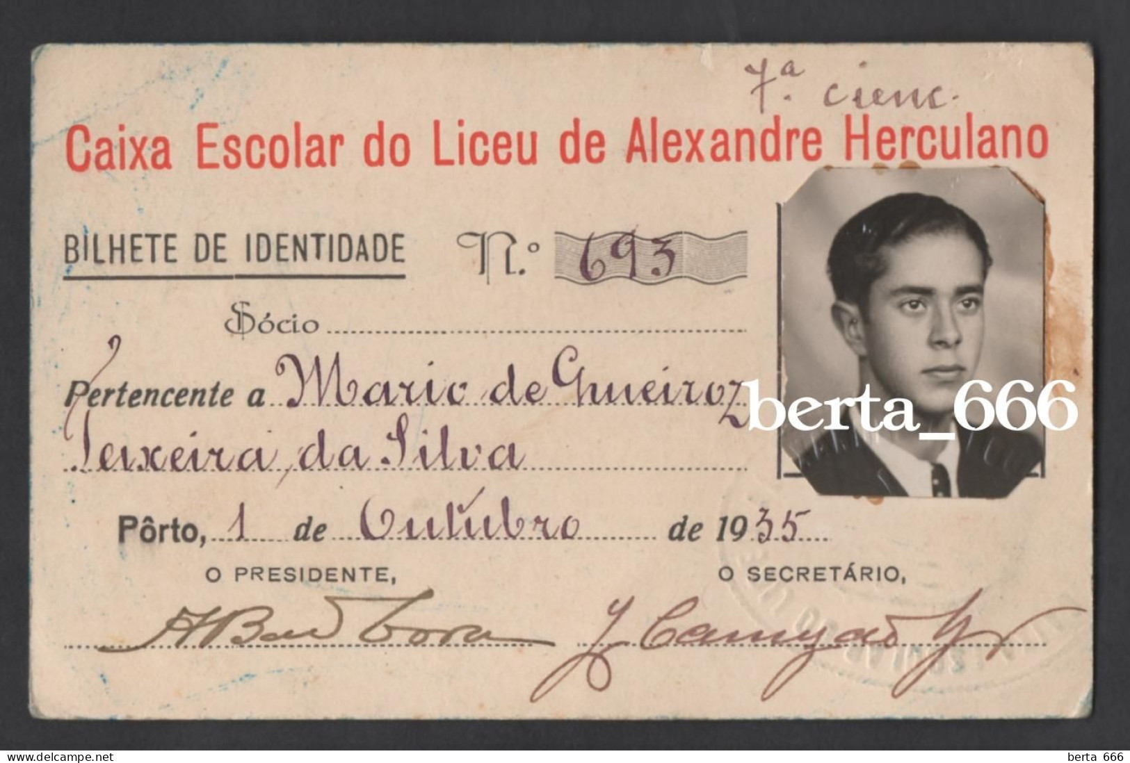 Caixa Escolar Do Liceu Alexandre Herculano * Porto * Bilhete De Identidade * 1935 - Historische Dokumente