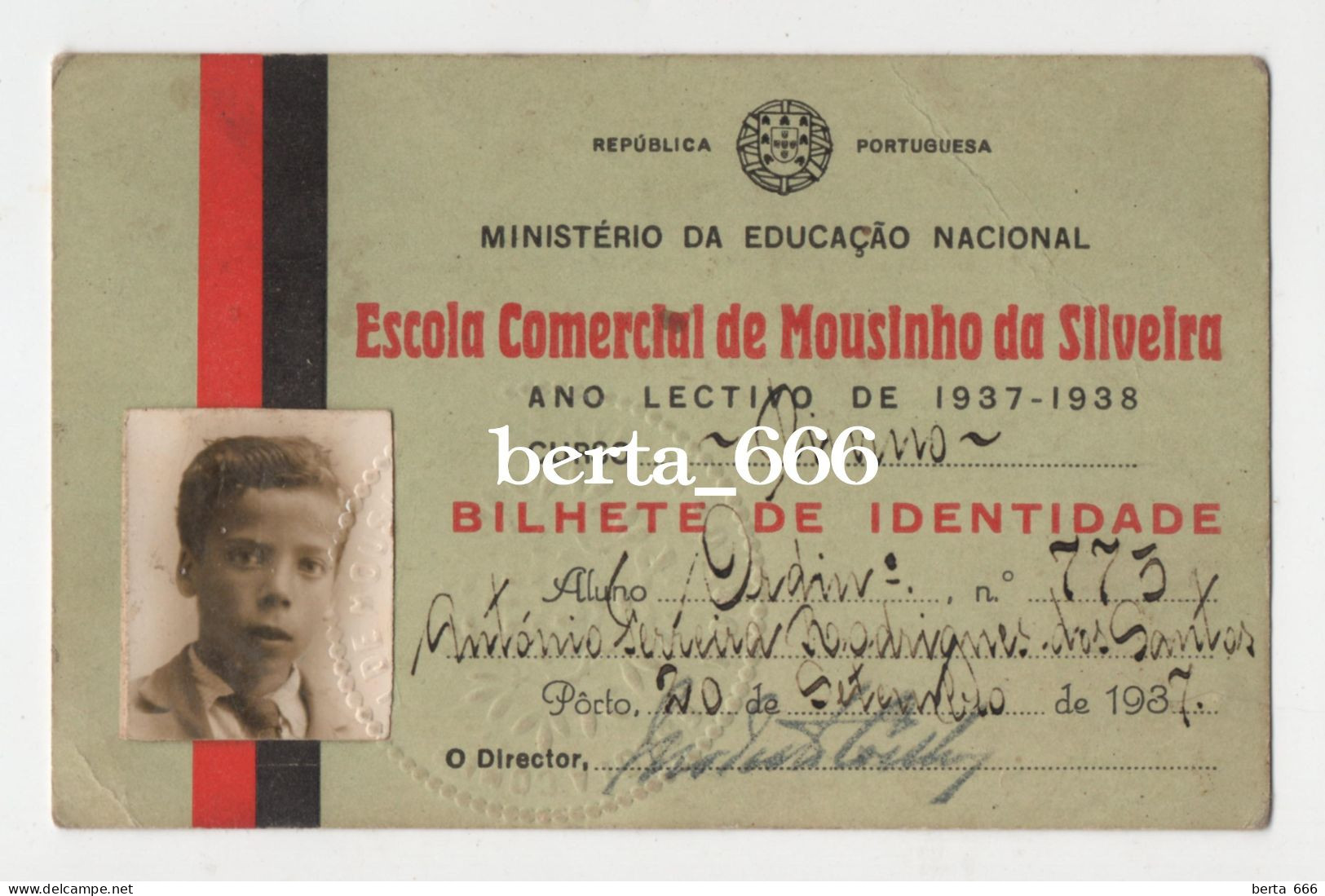 Escola Comercial De Mouzinho Da Silveira * Porto * Bilhete De Identidade De Aluno * 1937 - Documenti Storici