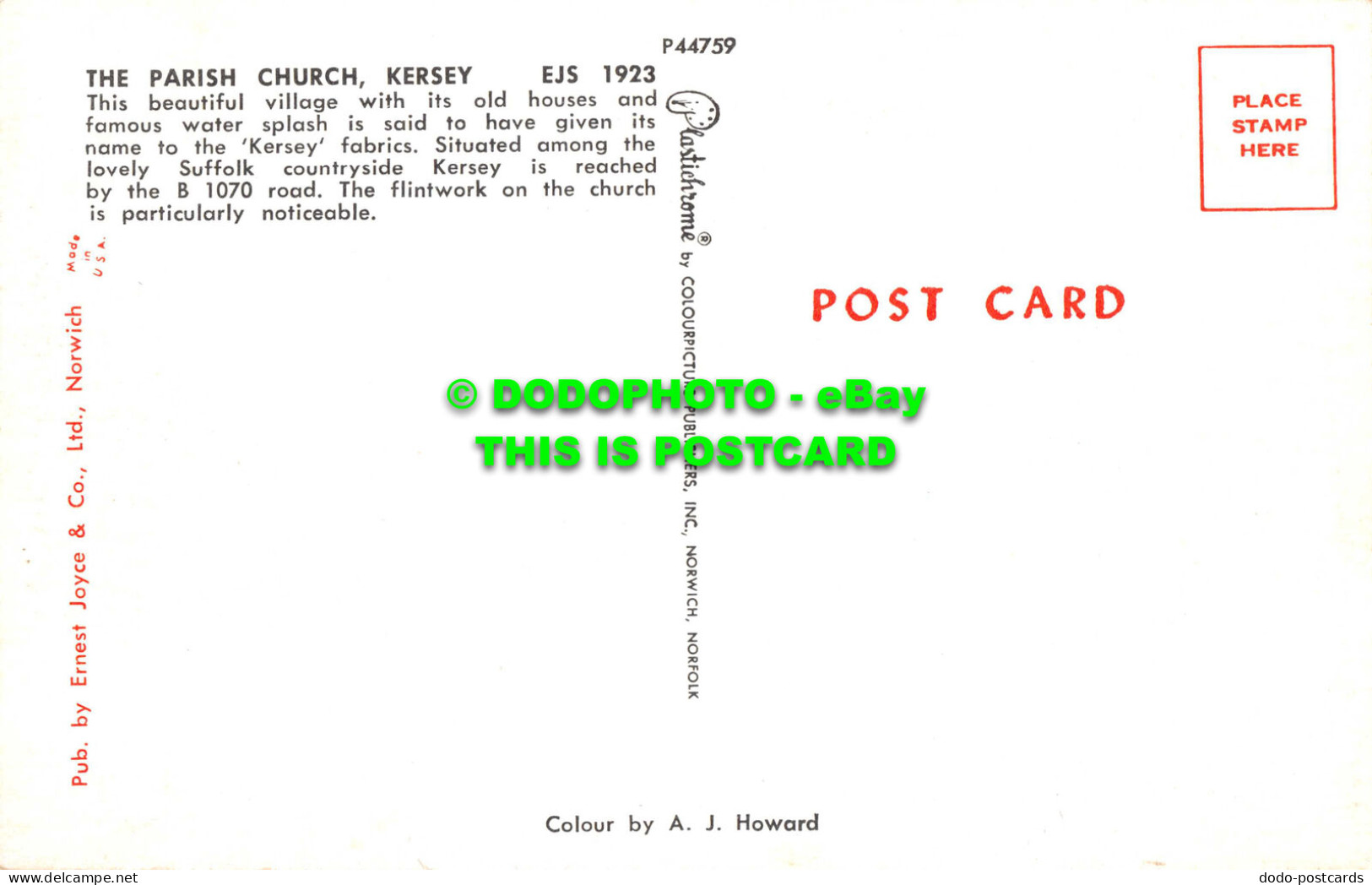 R543746 Parish Church. Kersey. EJS 1923. Ernest Joyce. A. J. Howard. Plastichrom - Monde